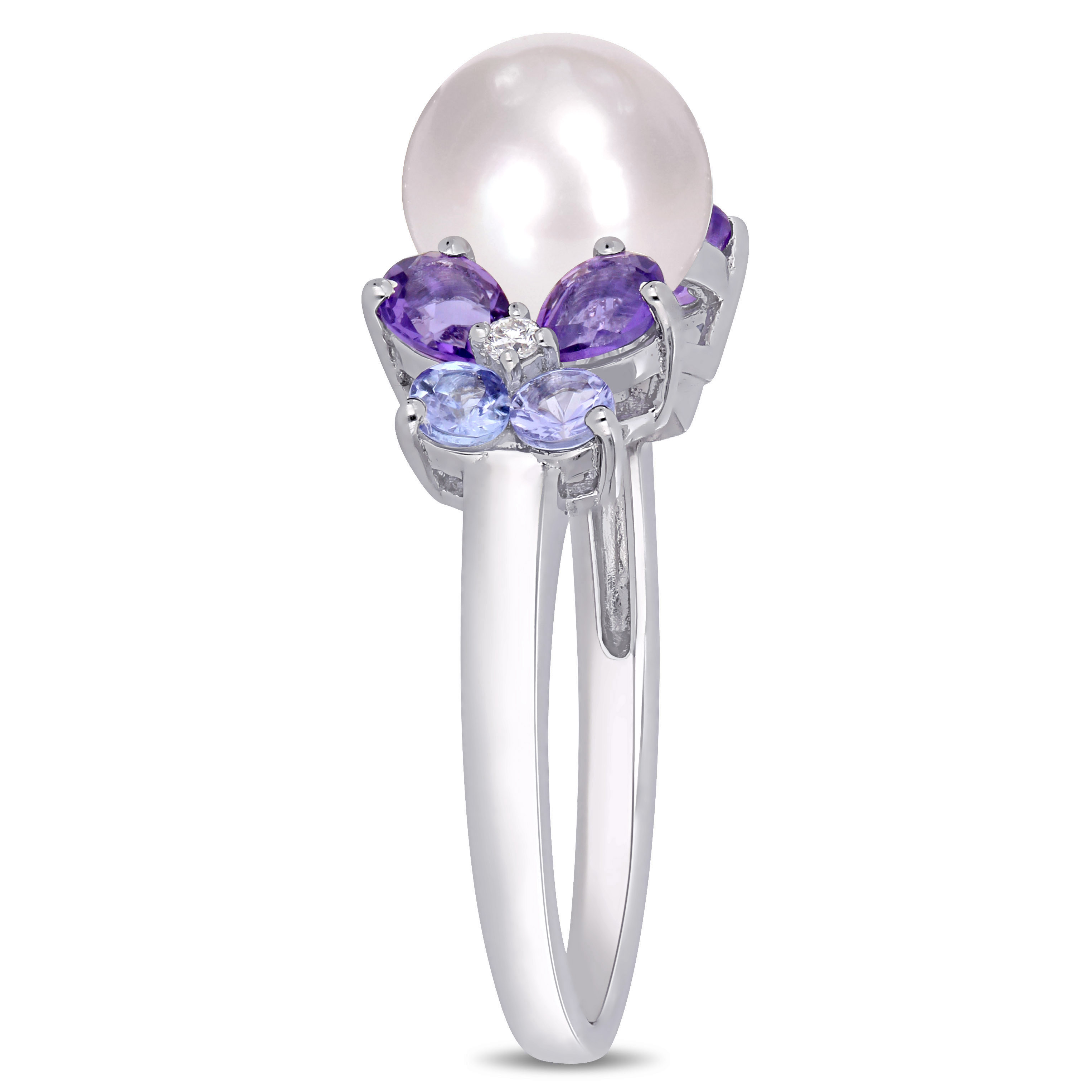 8 - 8.5 MM White Cultured Freshwater Pearl, Diamond, Tanzanite, and Amethyst Ring in Sterling Silver