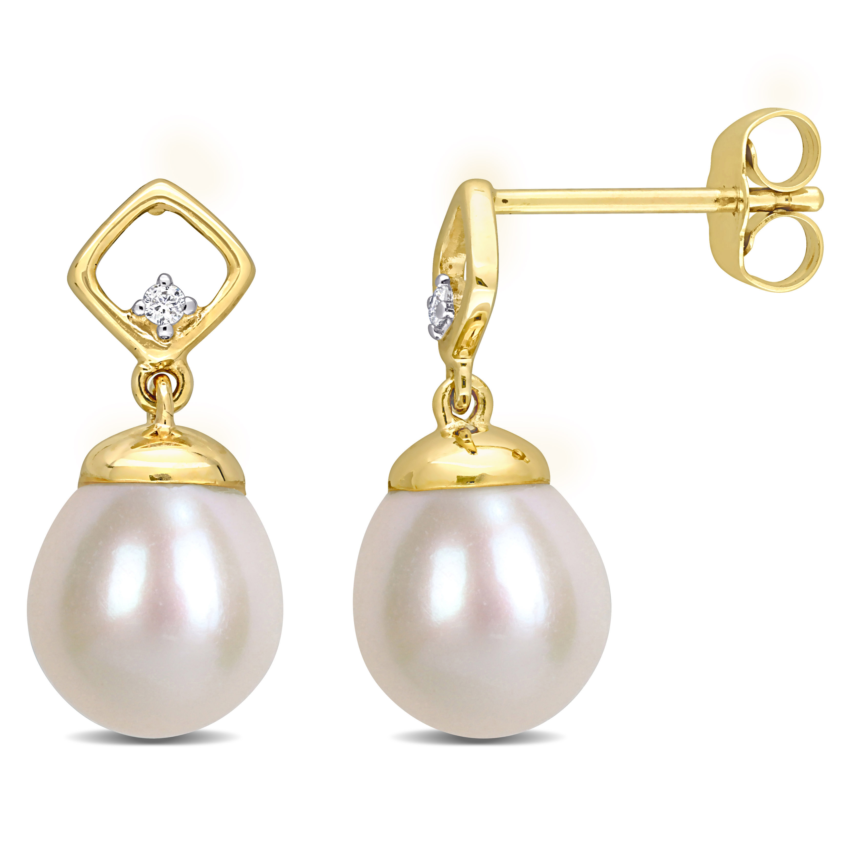 8 - 8.5 MM Freshwater Cultured Pearl and Diamond Accent Earrings in 14k Yellow Gold