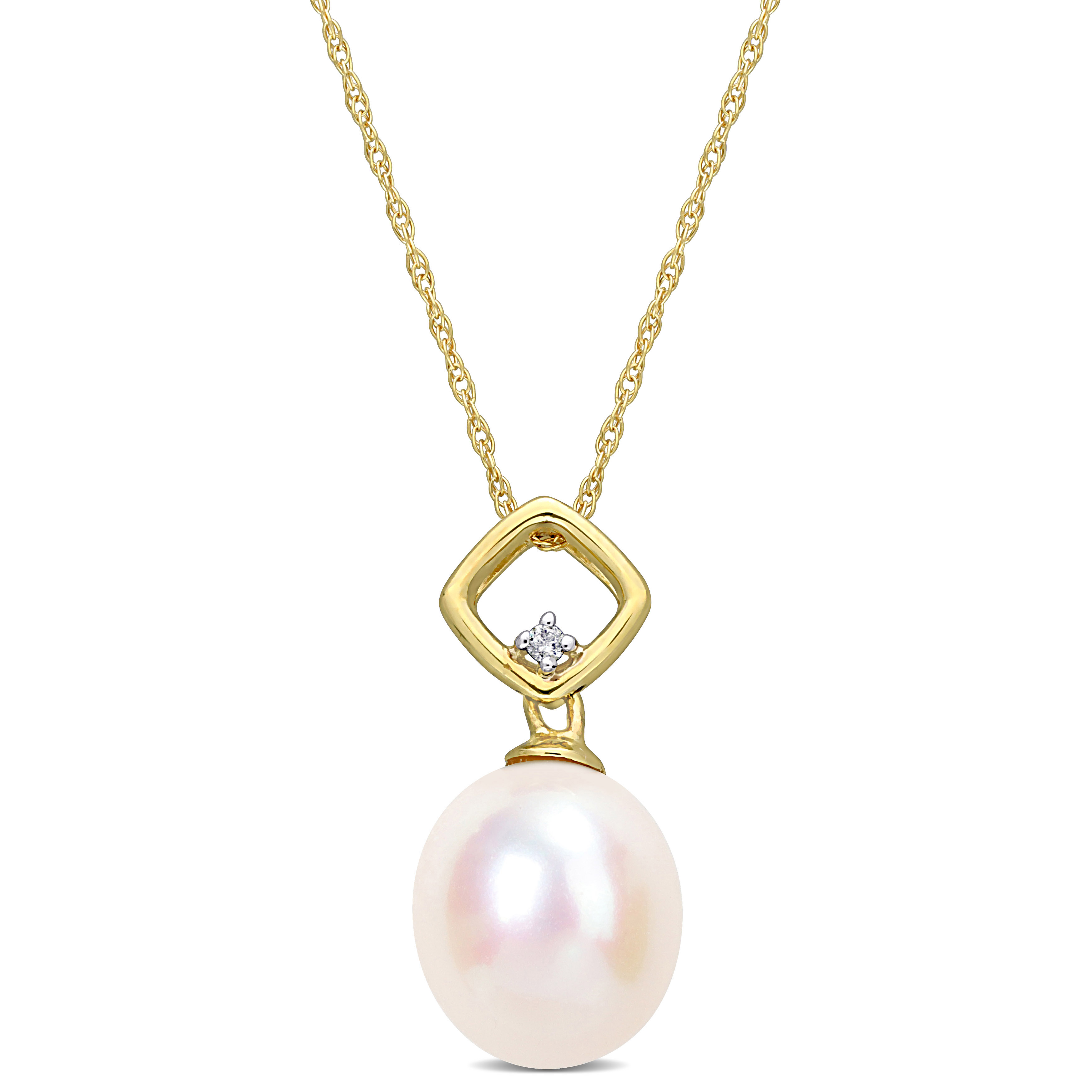 9-9.5 MM Cultured Freshwater Pearl and Diamond Accent Drop Pendant with Chain in 10k Yellow Gold - 17 in.