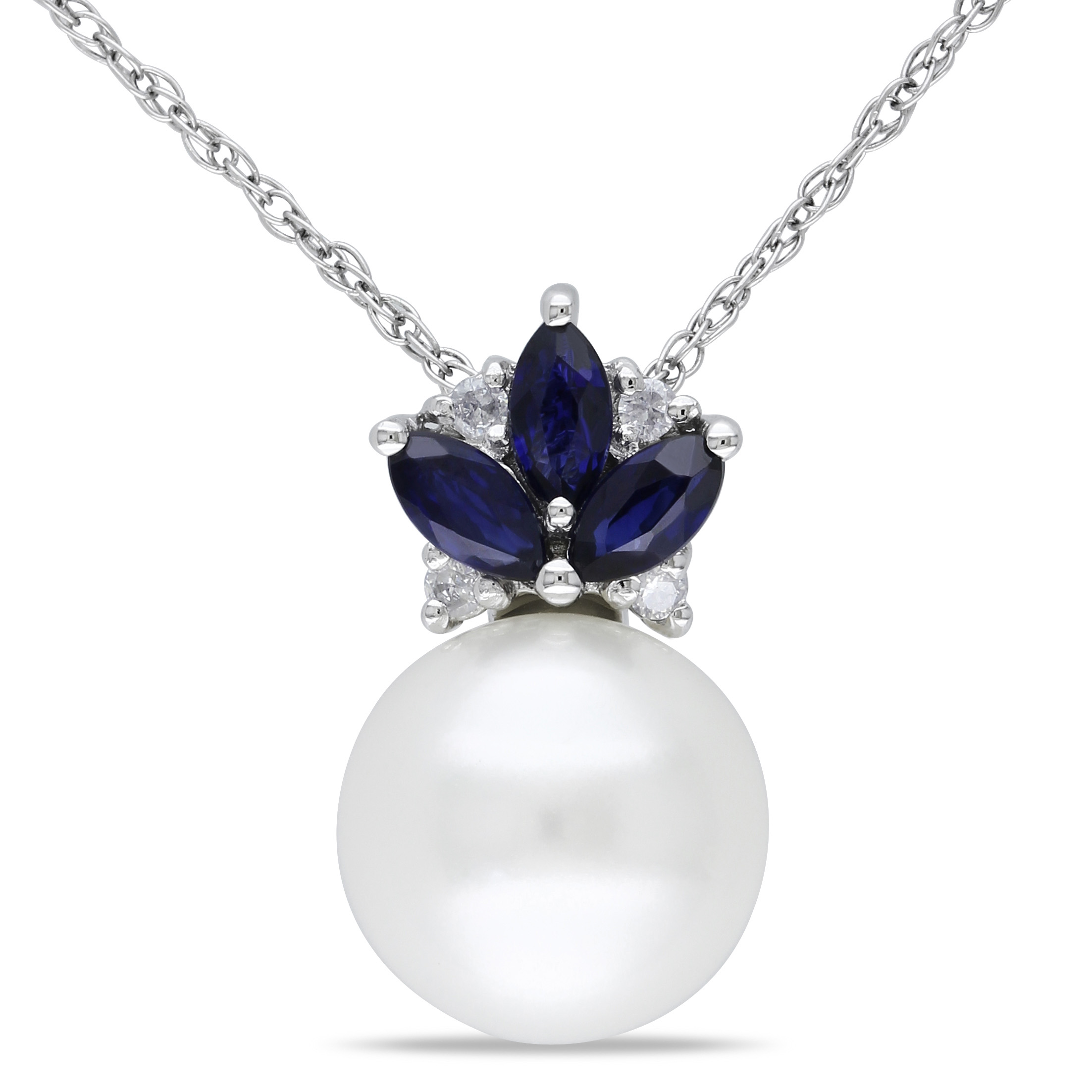8.5 - 9 MM Cultured Freshwater Pearl, Diamond and Sapphire Floral Pendant with Singapore Chain in 10k White Gold