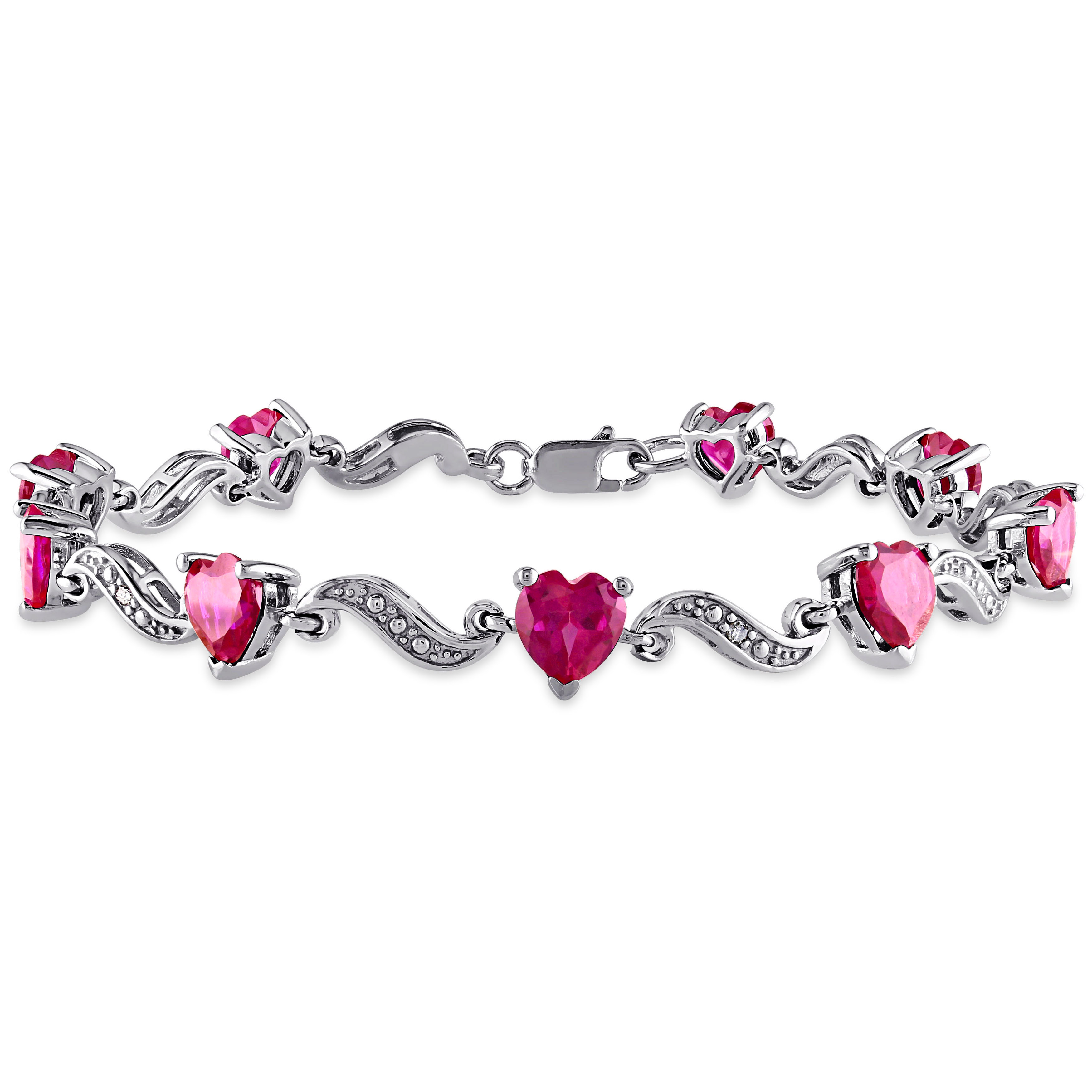 9 1/10 CT TGW Heart Shaped Created Ruby and Diamond Bracelet in Sterling Silver - 7 in.