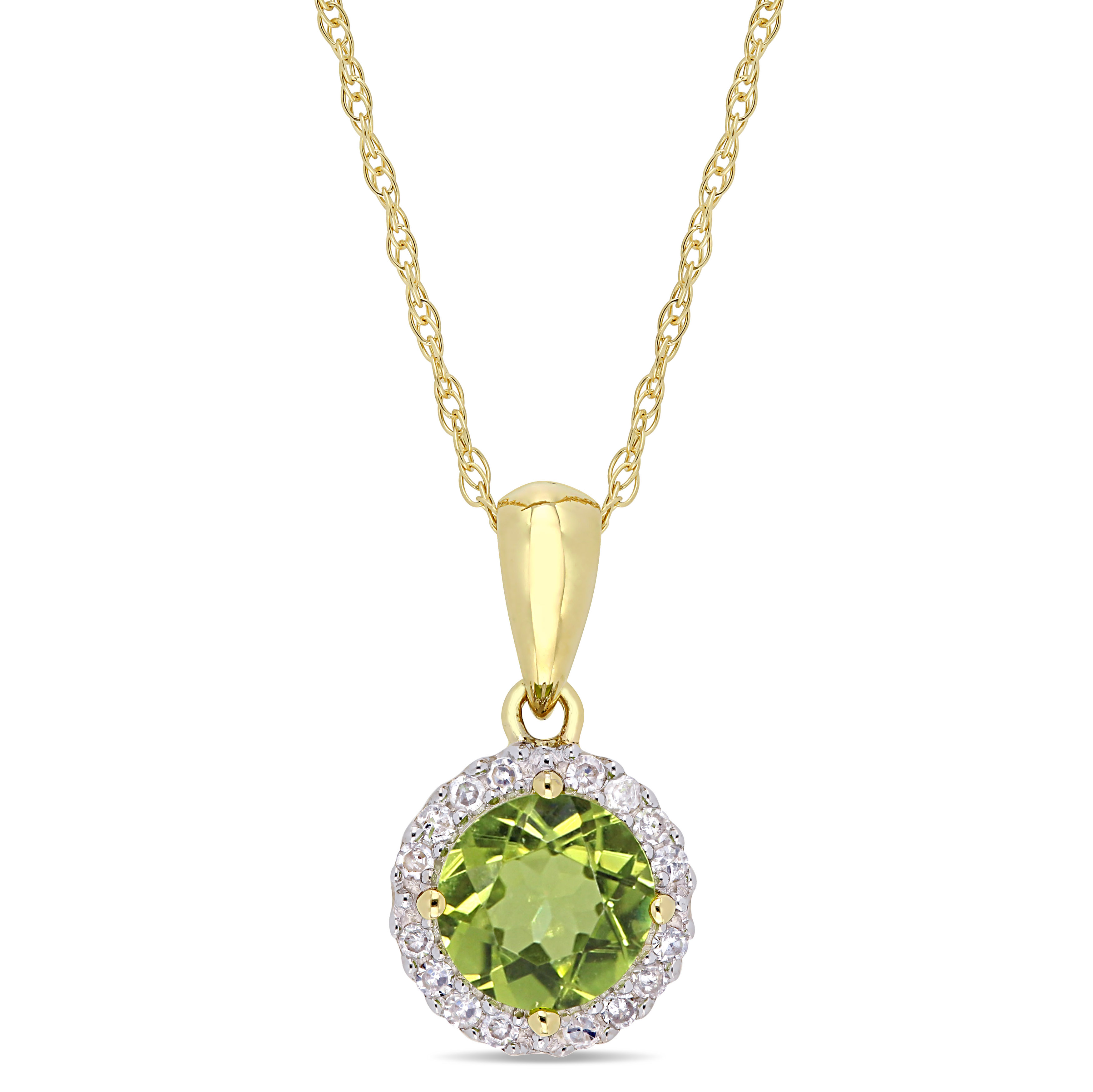 Peridot and 1/10 CT TW Diamond Halo Pendant with Chain in 10k Yellow Gold
