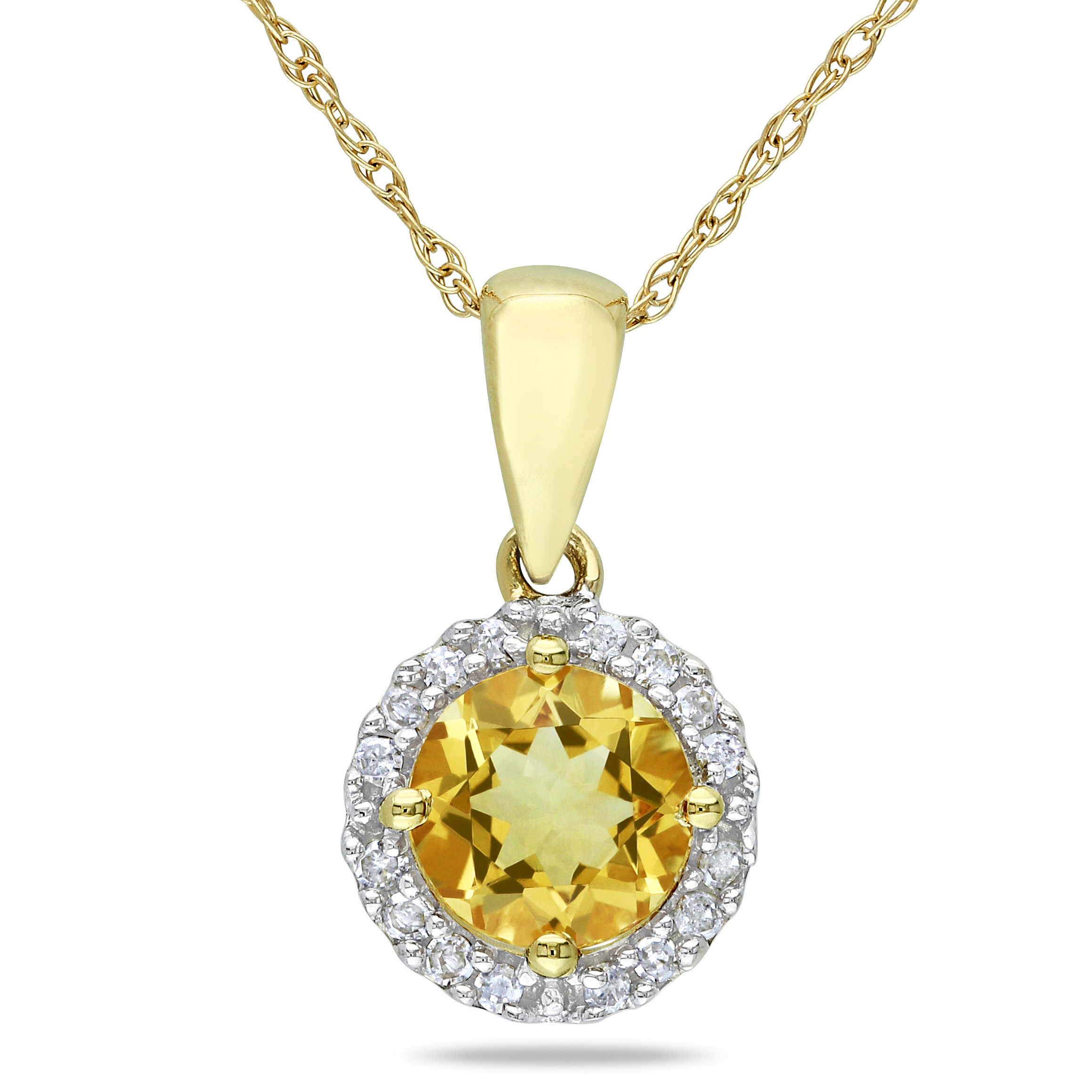 Citrine and 1/10 CT TW Diamond Halo Pendant with Chain in 10k Yellow Gold