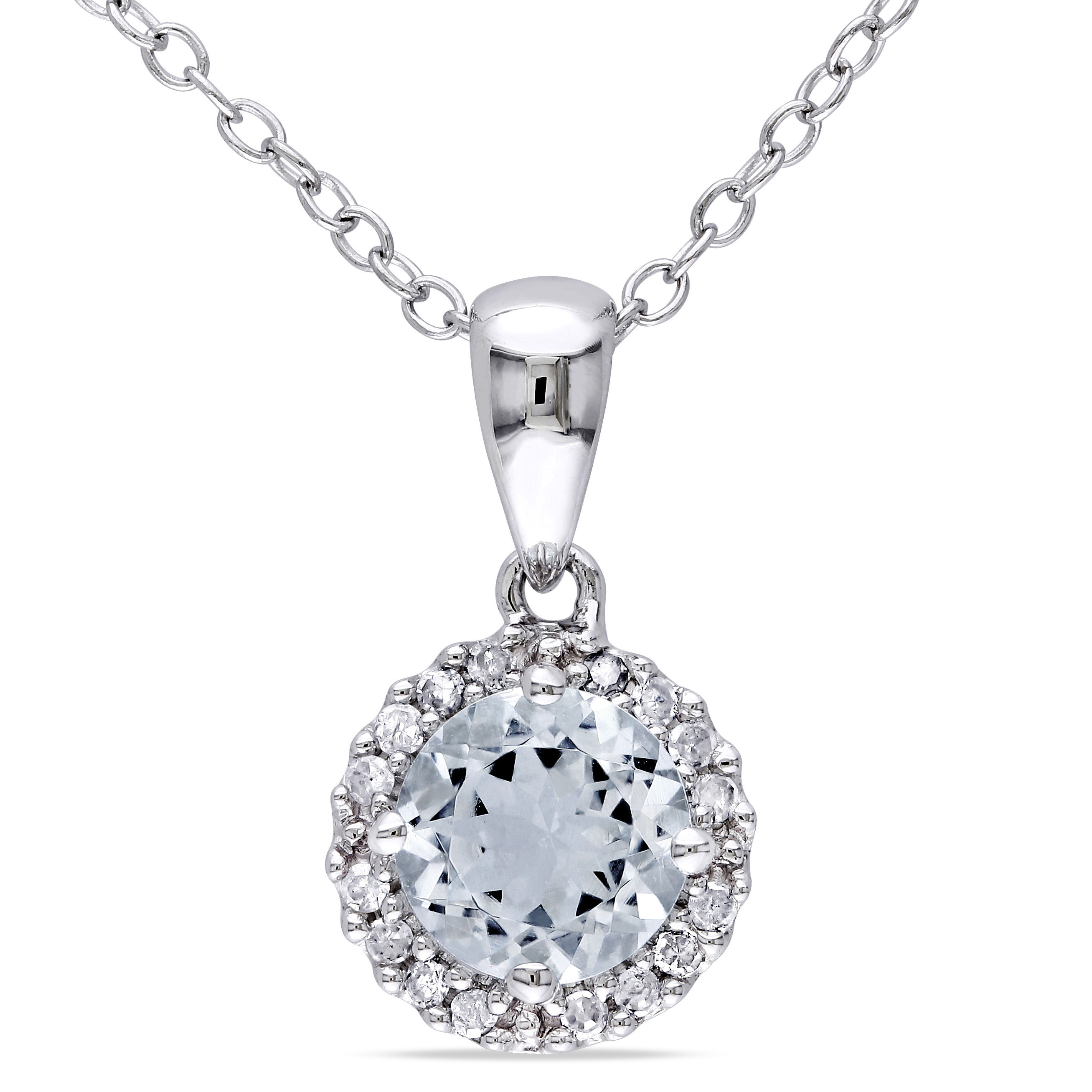 1/10 CT TW Diamond and Aquamarine Halo Pendant with Chain in Sterling Silver