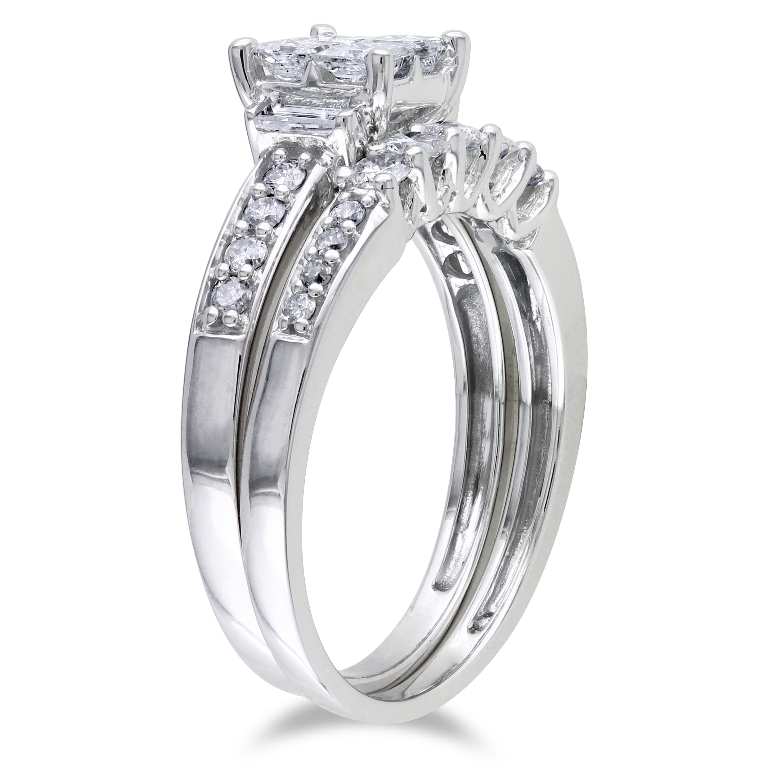 1 CT TW Princess Cut, Parallel Baguette and Round Diamond Bridal Set in 14k White Gold