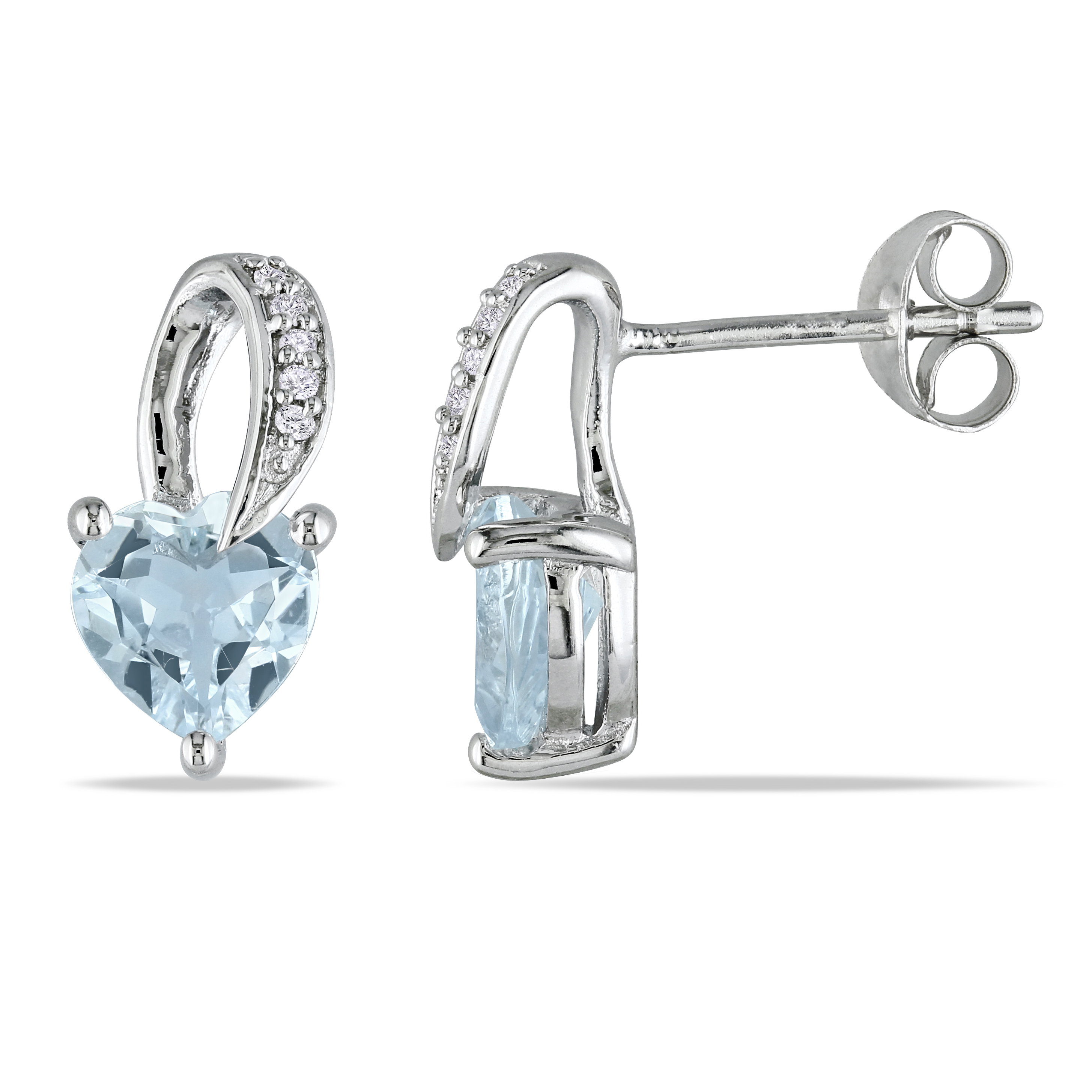 1 1/3 CT TGW Heart Shaped Aquamarine and Diamond Swirl Earrings in Sterling Silver