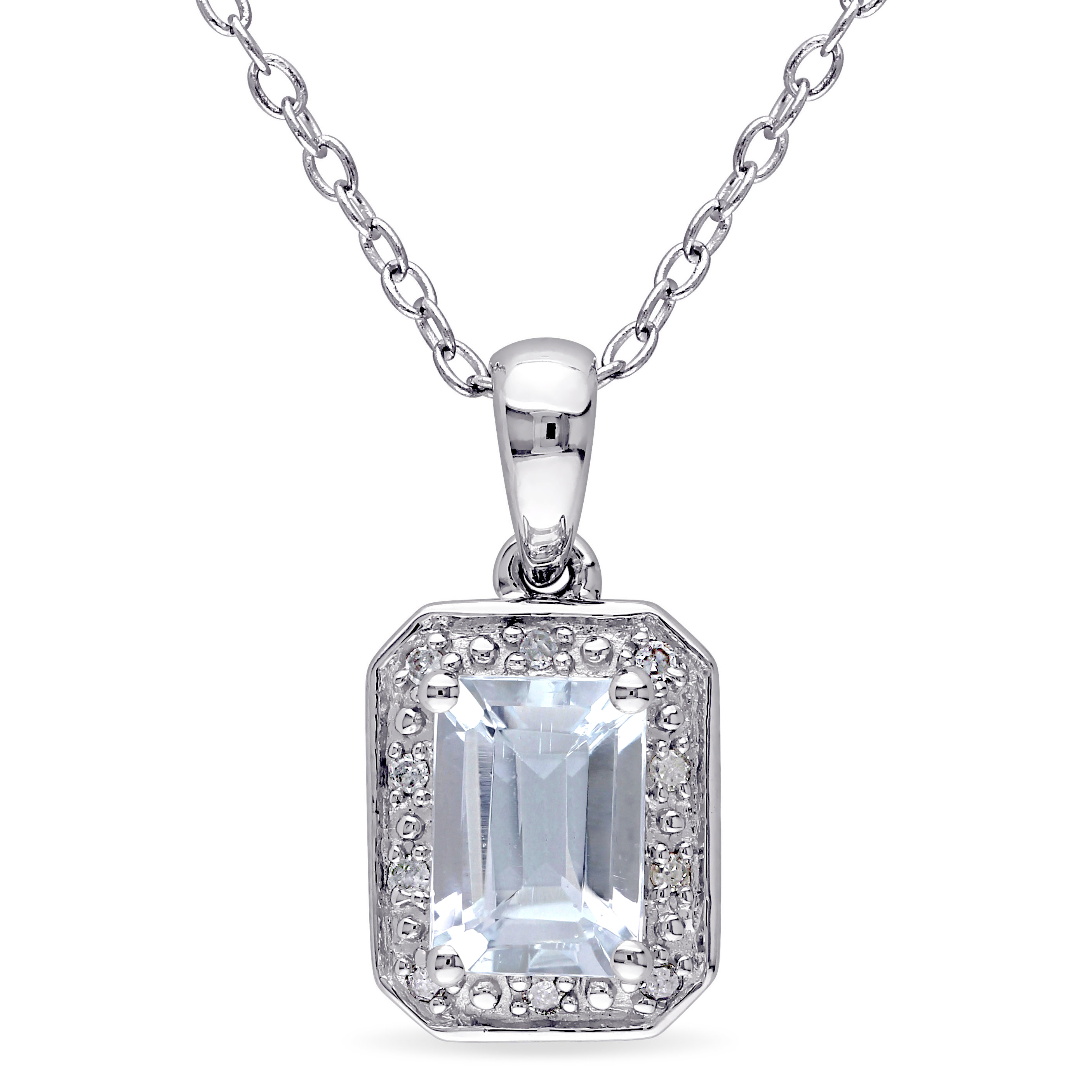 Emerald Cut Aquamarine and Diamond Pendant with Chain in Sterling Silver