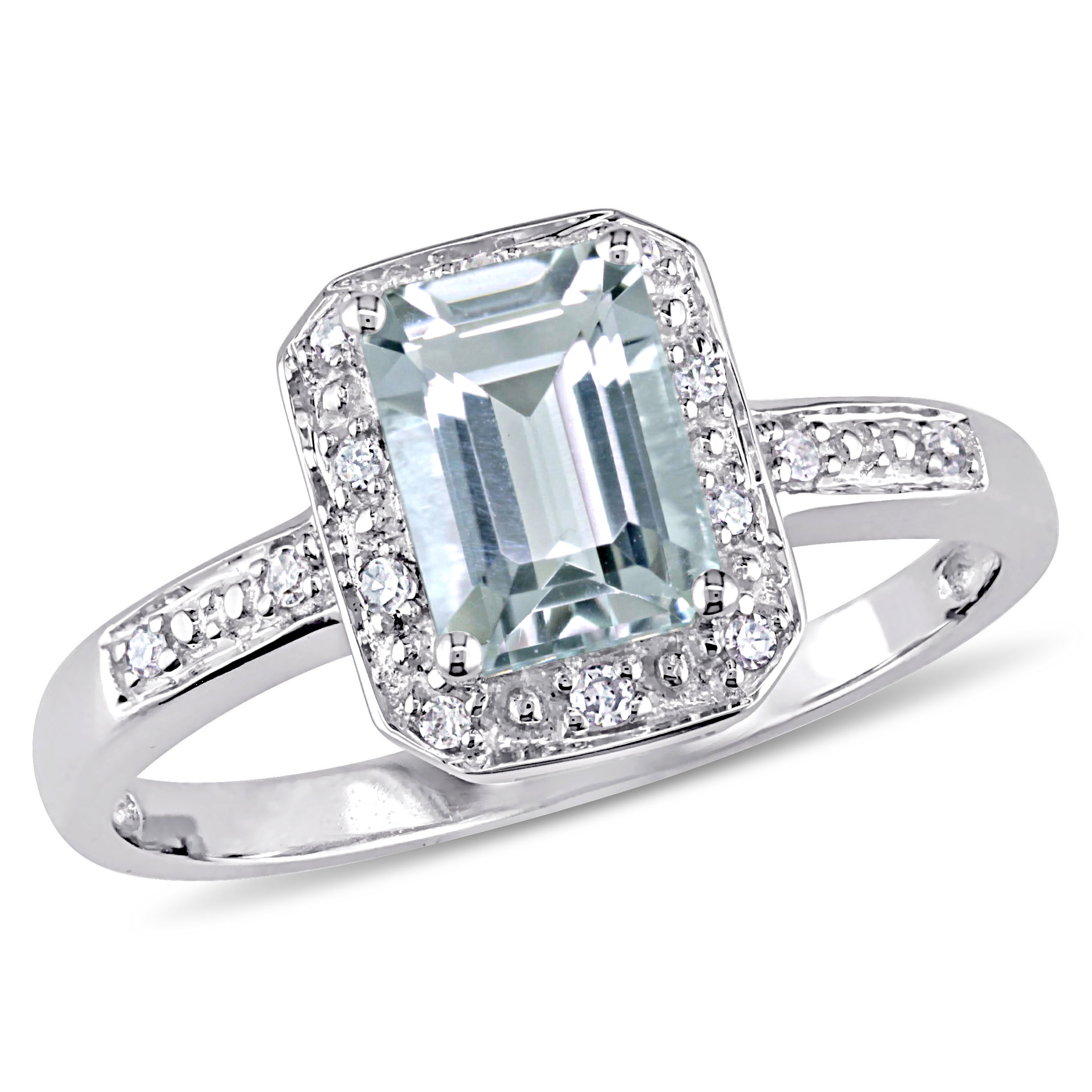 Emerald Cut Aquamarine Ring with Diamonds in 10k White Gold