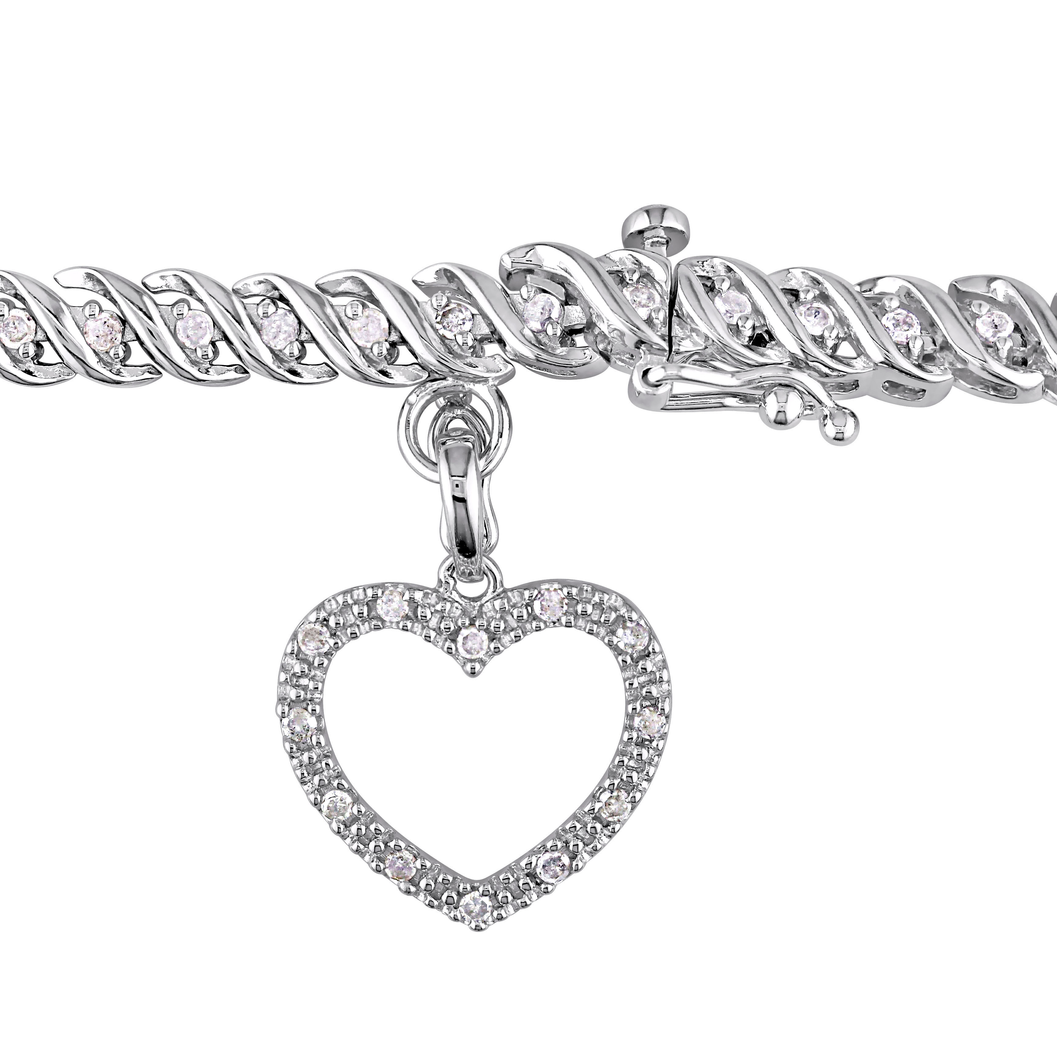 1 CT TW Diamond Tennis Bracelet with Heart Charm in Sterling Silver - 7 in