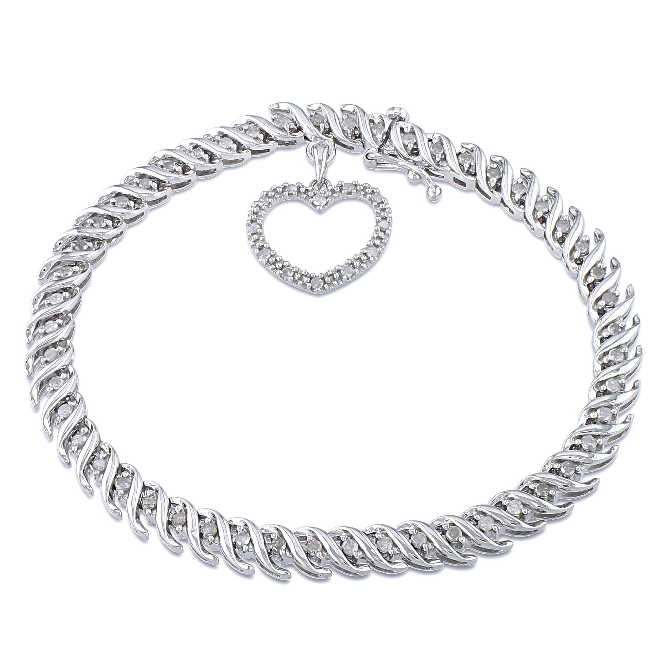 1 CT TW Diamond Tennis Bracelet with Heart Charm in Sterling Silver - 7 in