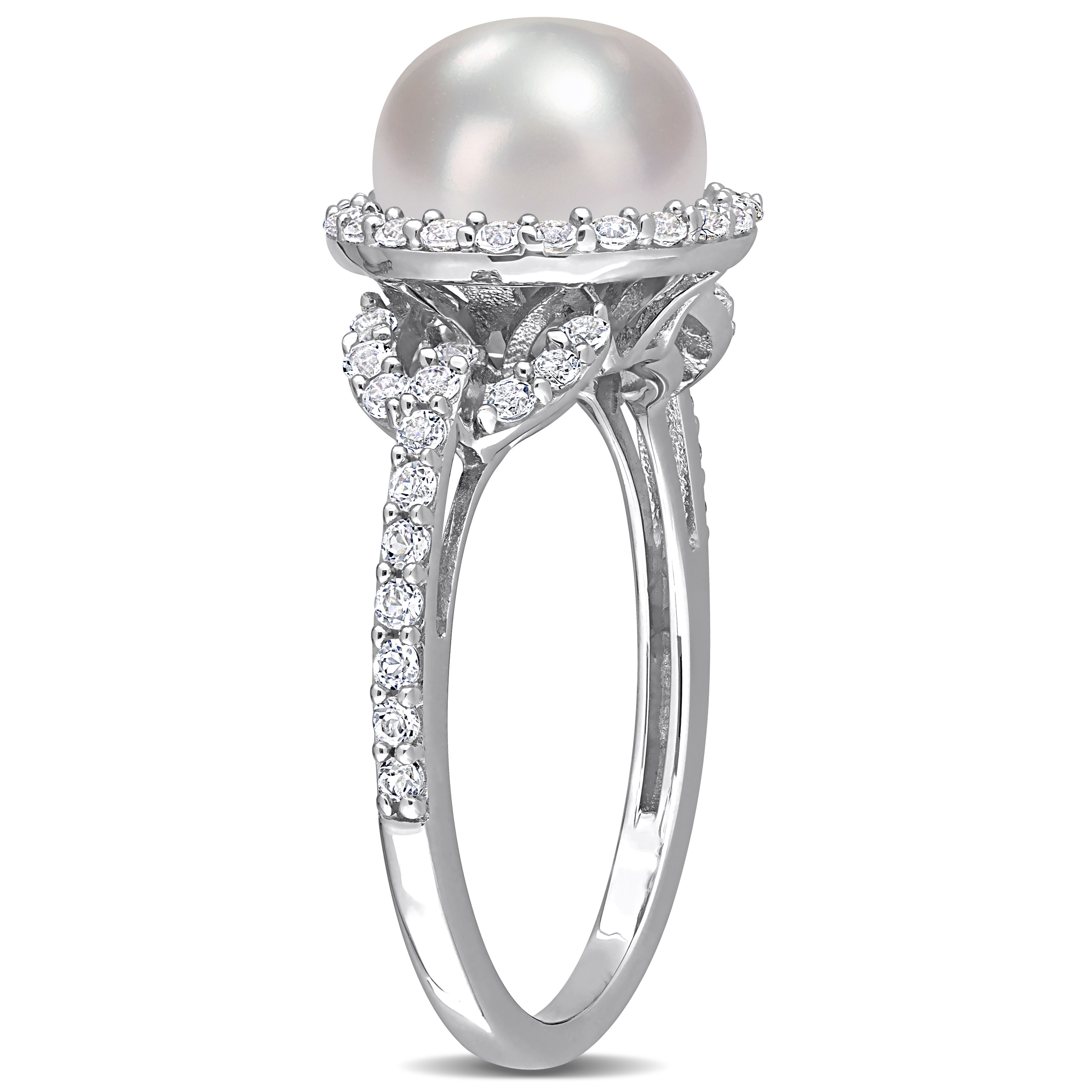 8.5-9 MM Cultured Freshwater Pearl and 3/4 CT TGW White Topaz Halo Ring in Sterling Silver