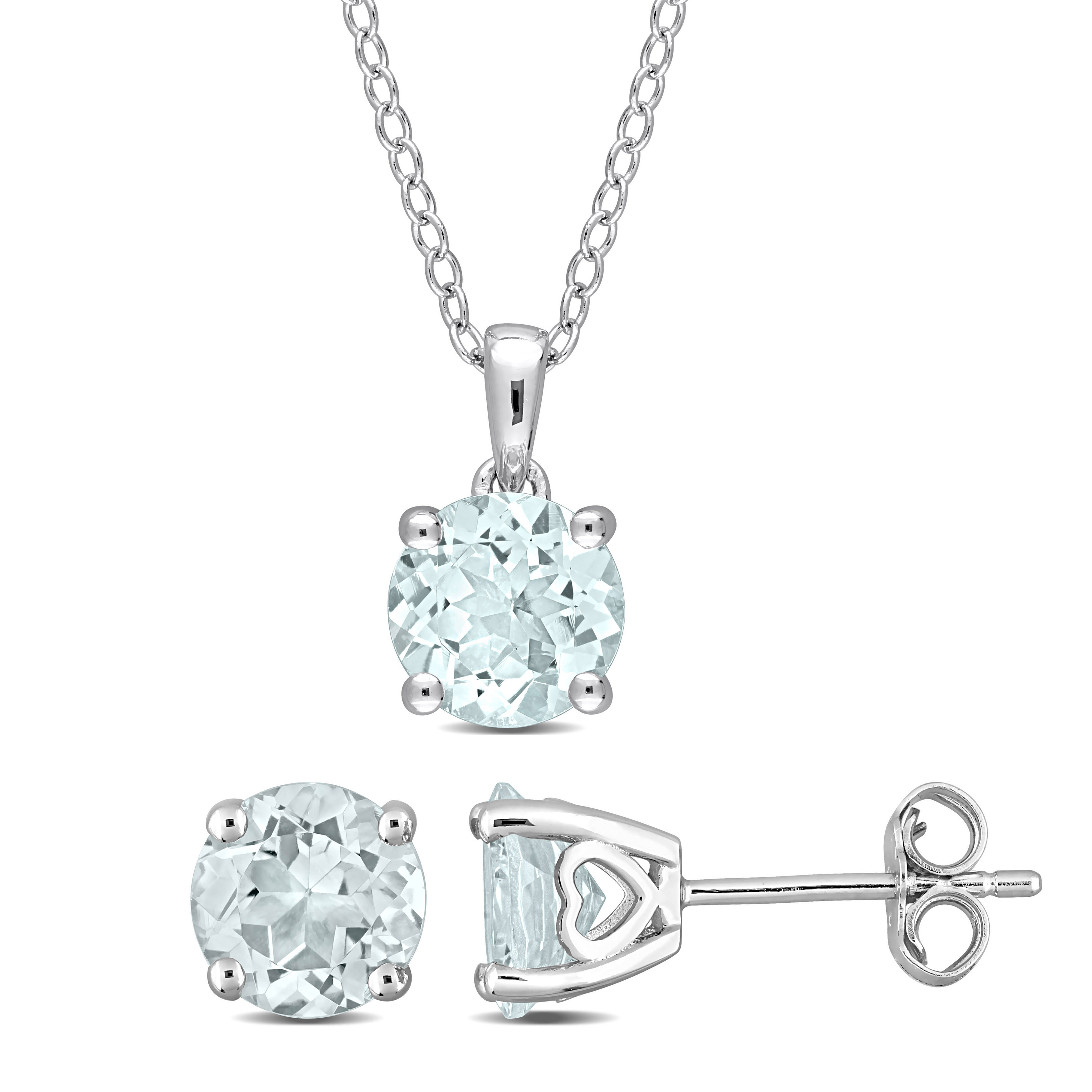 3 1/2 CT TGW Aquamarine Solitaire Stud Earring and Pendant with chain Set in Sterling Silver