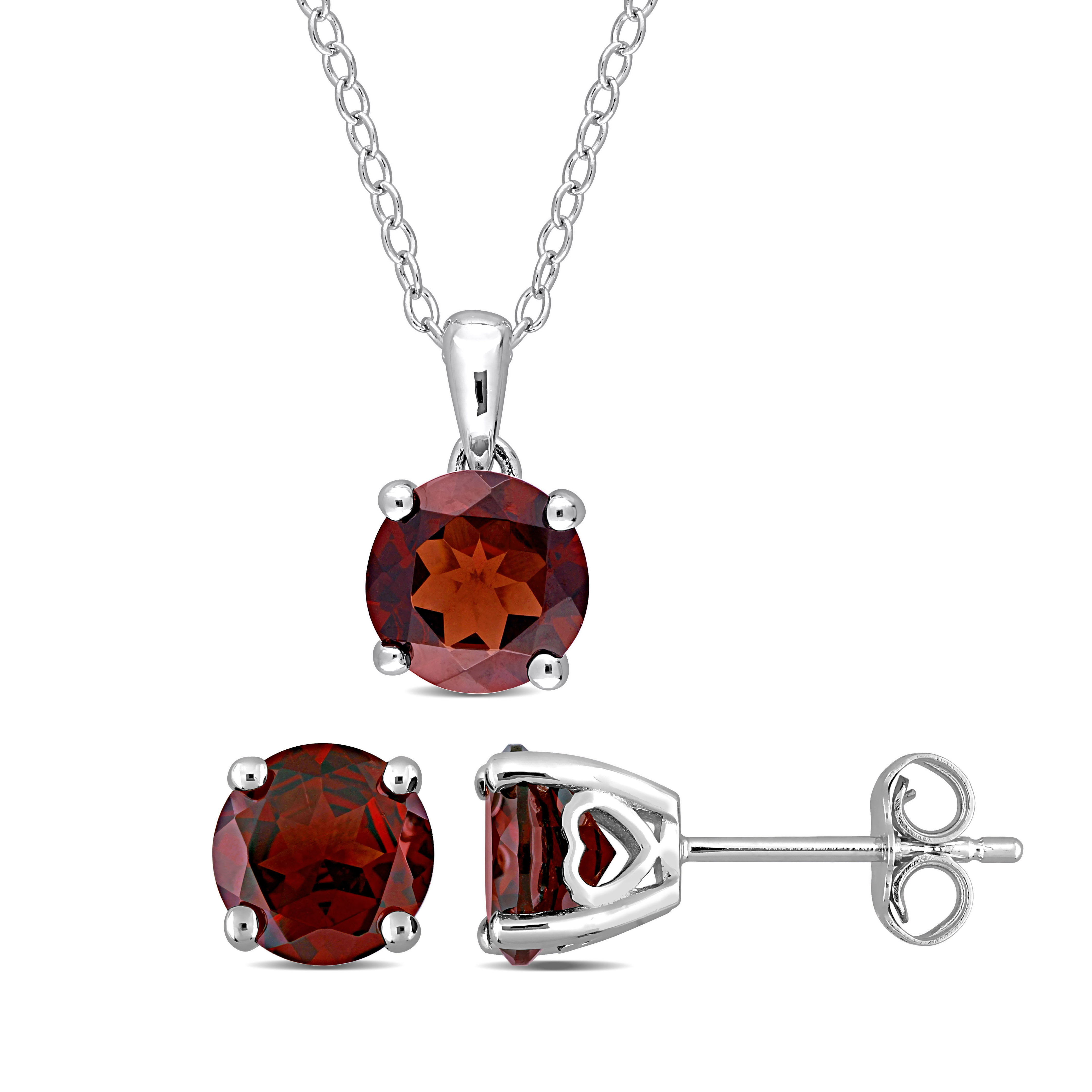 4 4/5 CT TGW Garnet Solitaire Stud Earring and Pendant with chain Set in Sterling Silver
