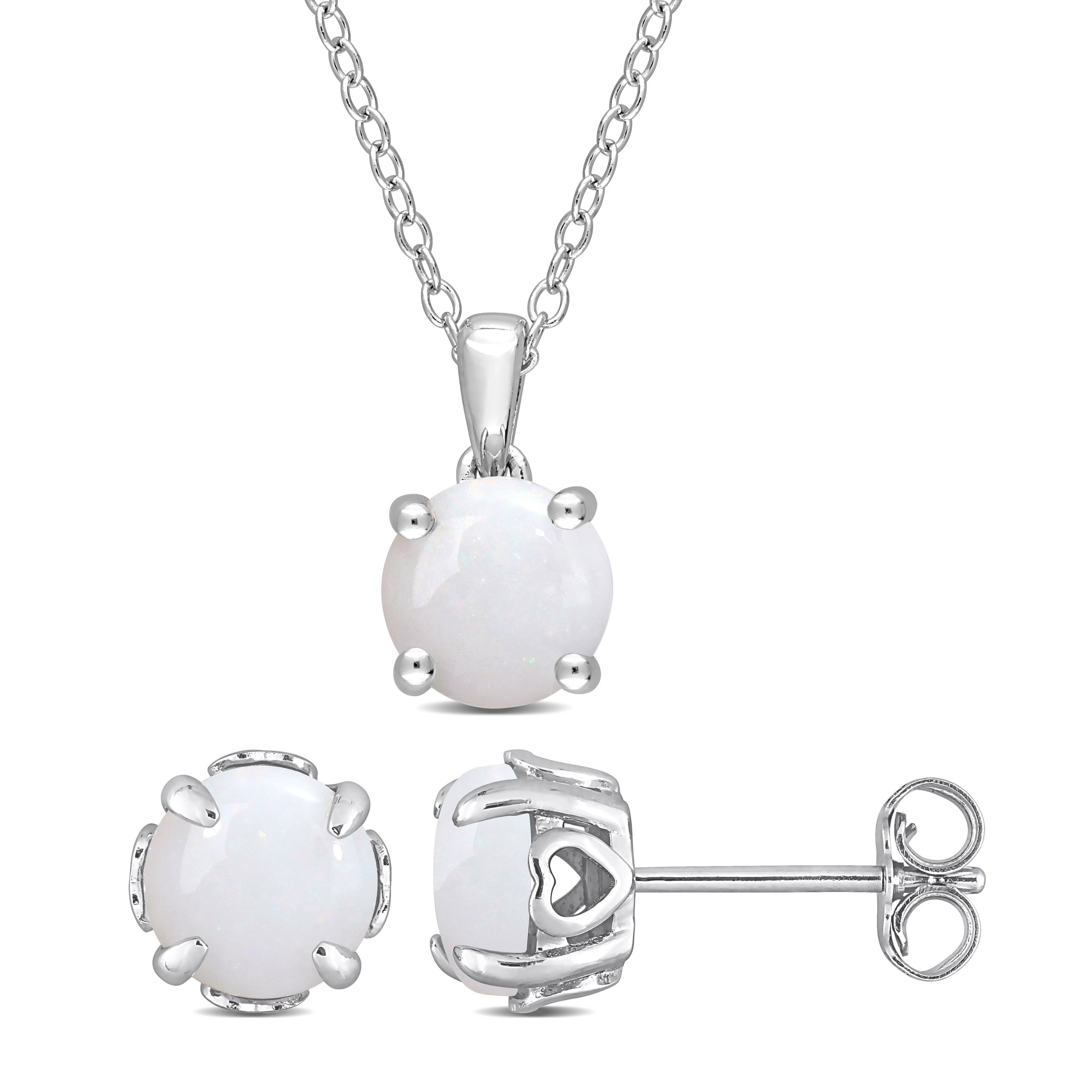 2 2/5 CT TGW Opal Solitaire Stud Earring and Pendant with chain Set in Sterling Silver