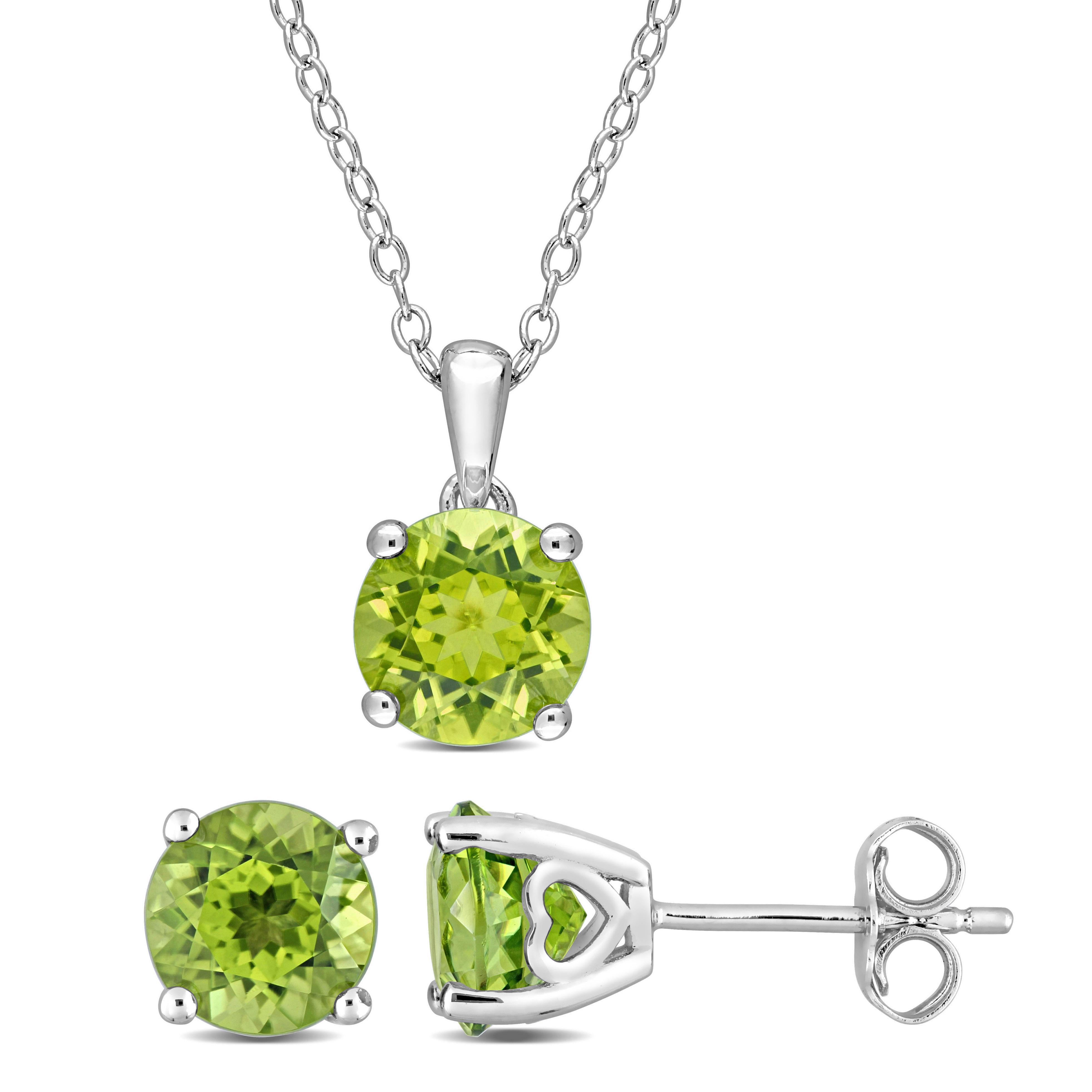 4 1/2 CT TGW Peridot Solitaire Stud Earring and Pendant with chain Set in Sterling Silver