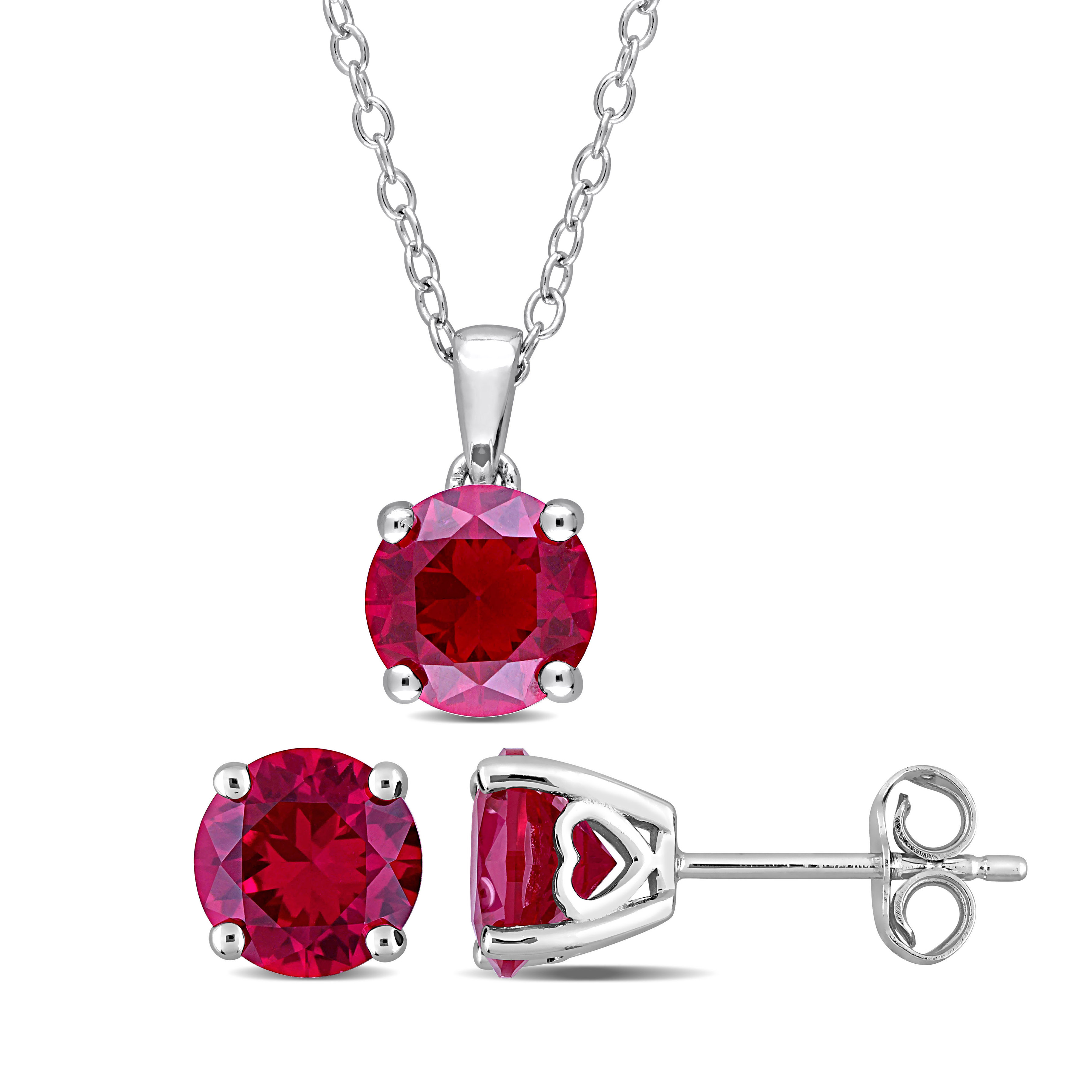4 7/8CT TGW Created Ruby Solitaire Stud Earring and Pendant with chain Set in Sterling Silver