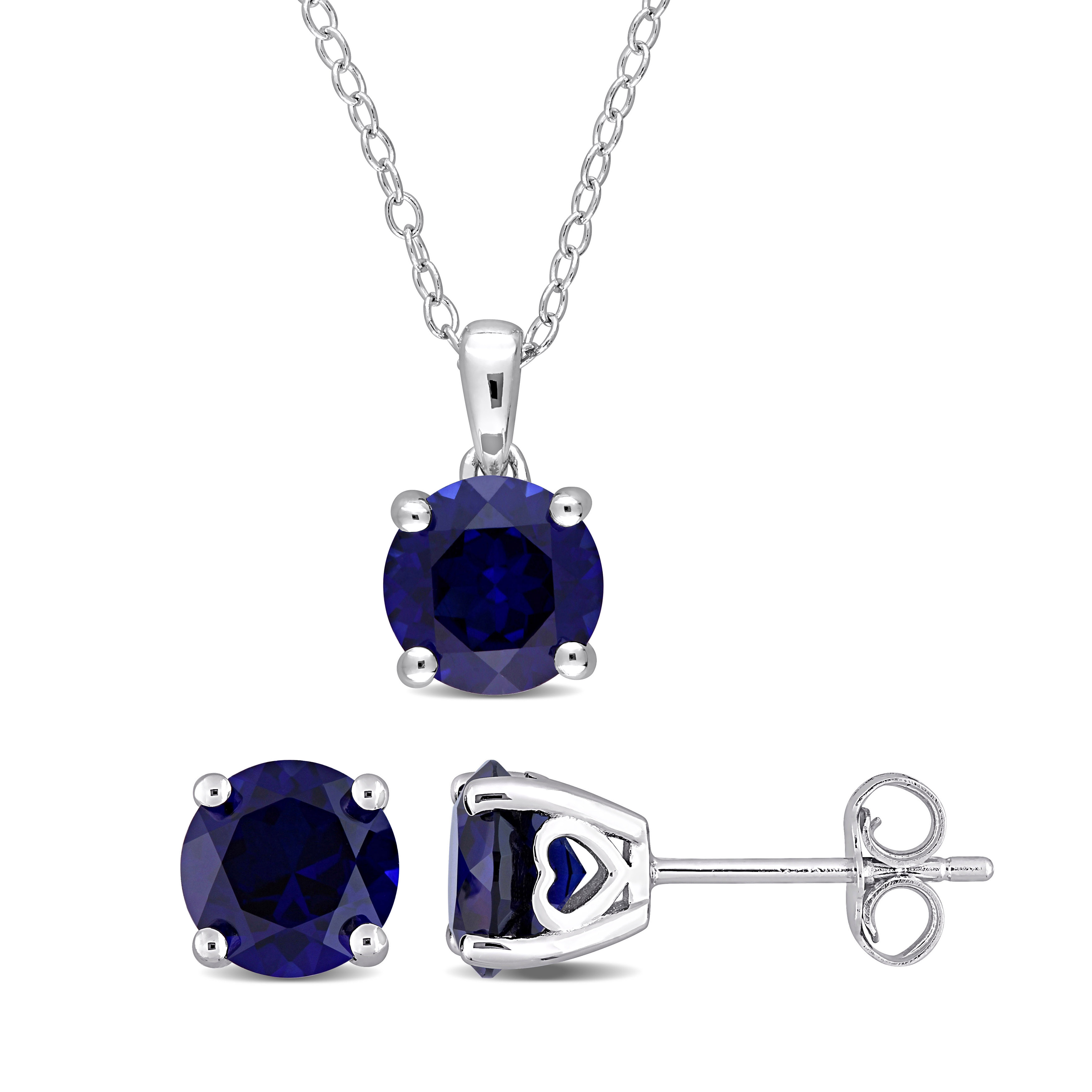 4 7/8 CT TGW Created Blue Sapphire Solitaire Stud Earring and Pendant with chain Set in Sterling Silver