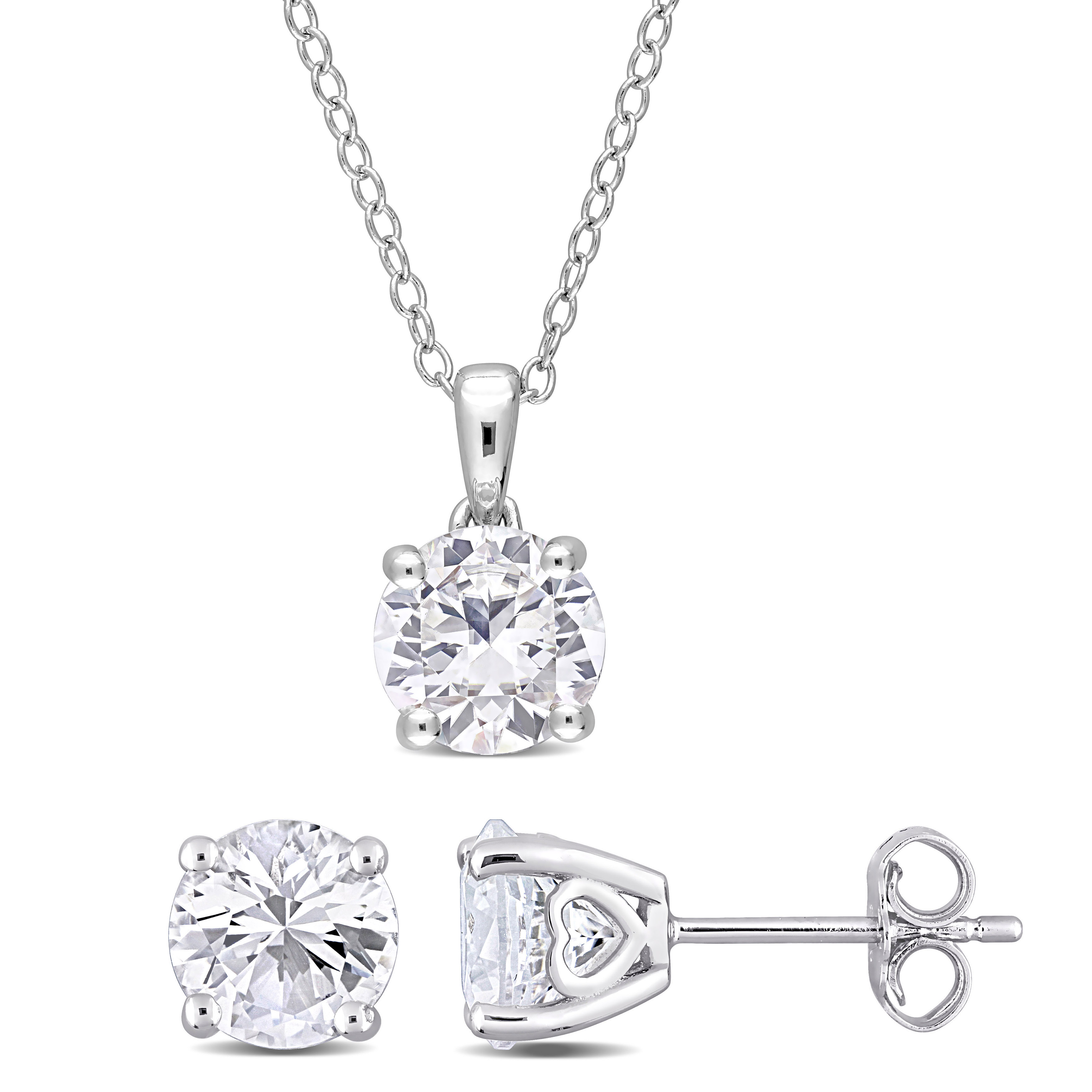 4 7/8 CT TGW Created White Sapphire Solitaire Stud Earring and Pendant with chain Set in Sterling Silver