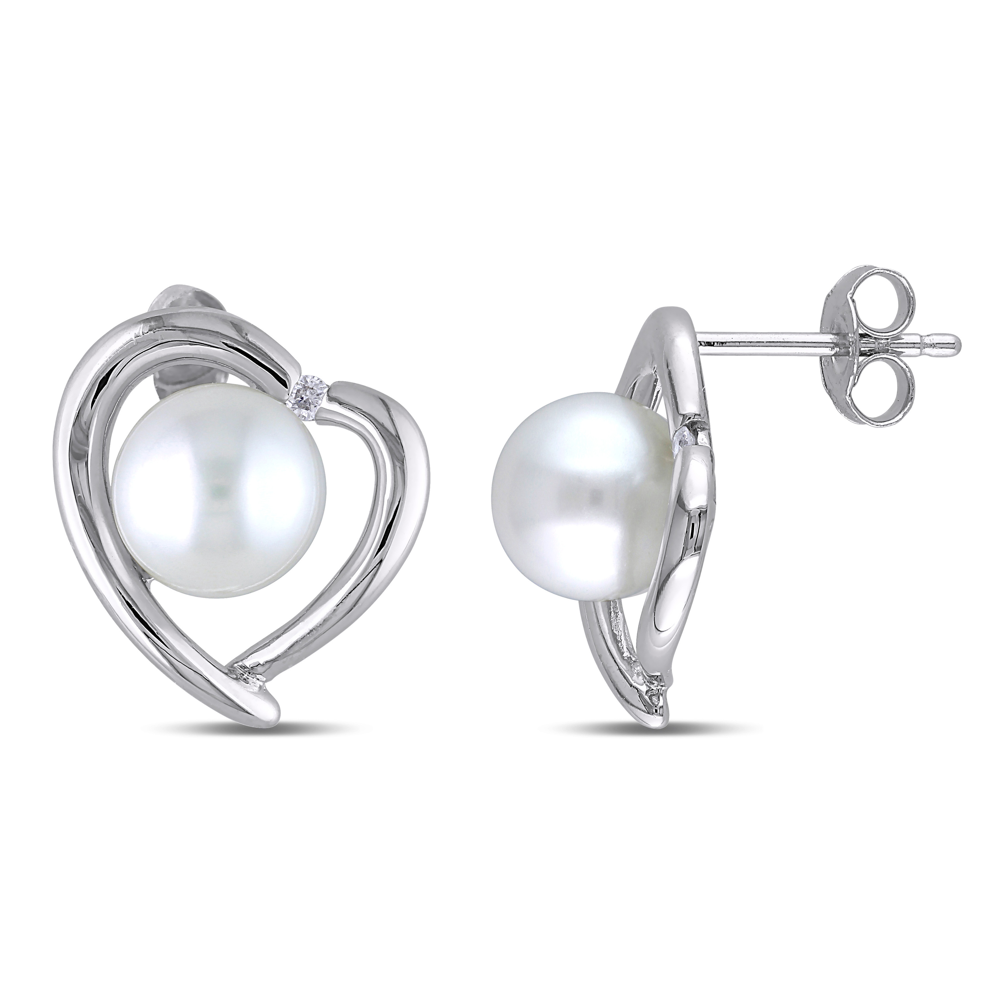 8 - 8.5 MM White Cultured Freshwater Pearl and Diamond Heart Stud Earrings in Sterling Silver