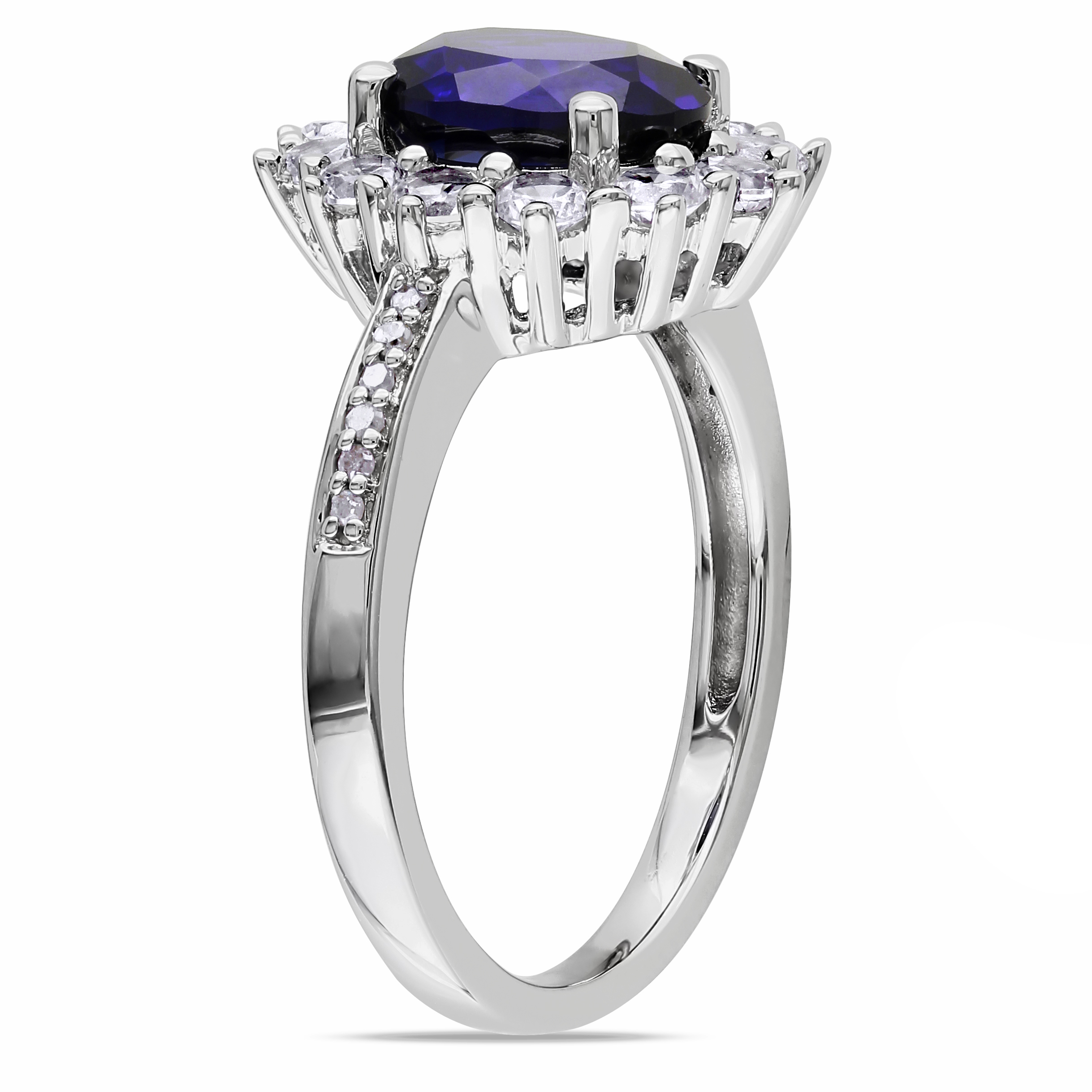 Halo Diamond and 4 CT TGW Created Blue and White Sapphire Ring in Sterling Silver