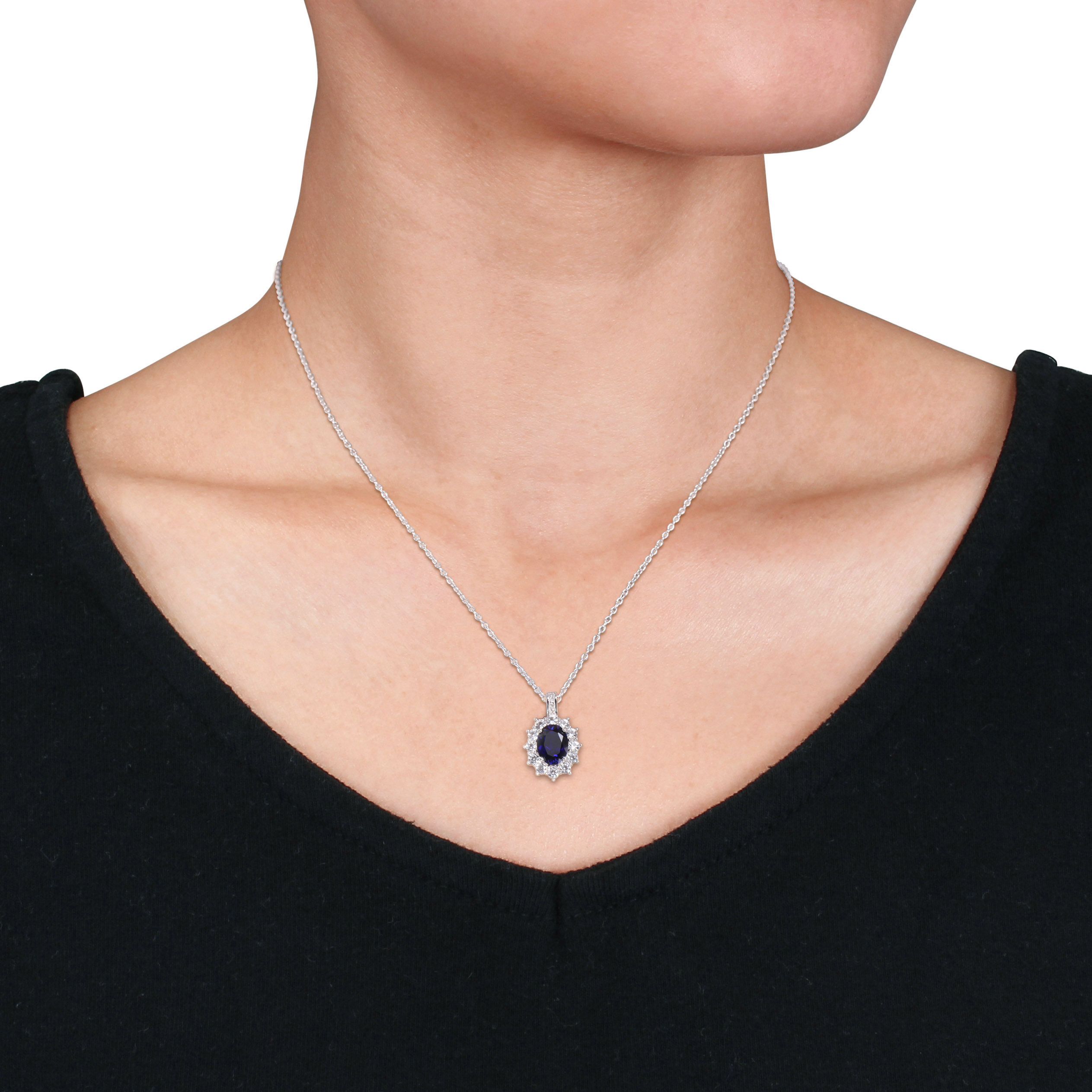 Diamond and 4 CT TGW Created Blue and Created White Sapphire Oval Halo Pendant with Chain in Sterling Silver - 18 in.