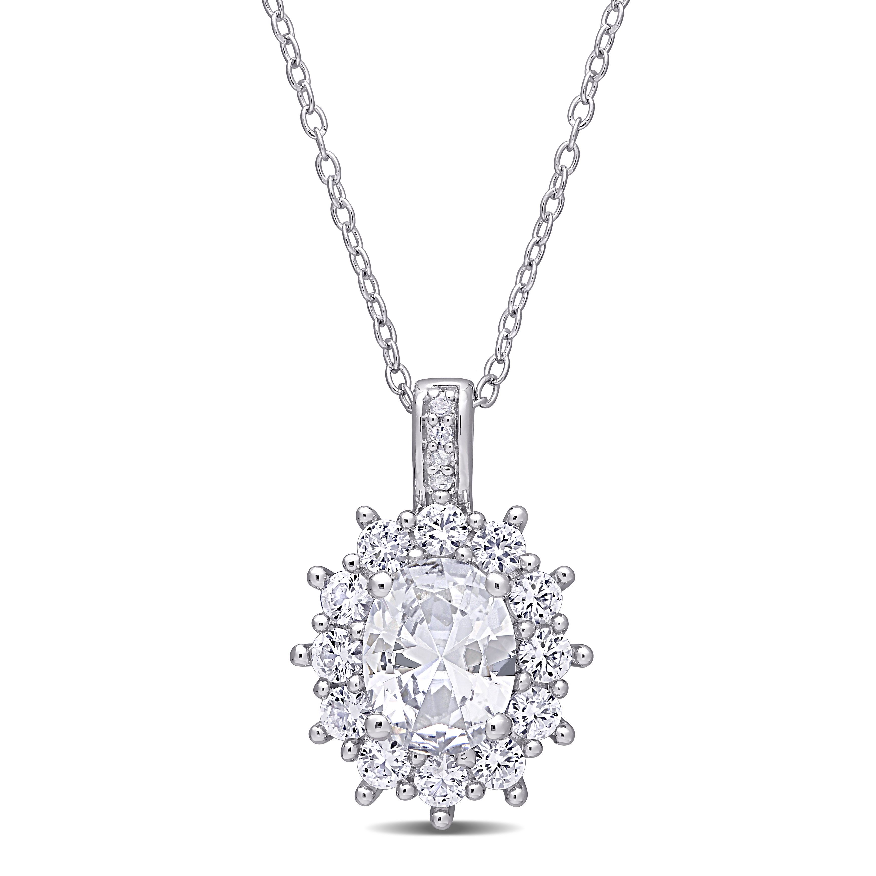 4 CT TGW Created White Sapphire and Diamond Accent Floral Halo Pendant with Chain in Sterling Silver