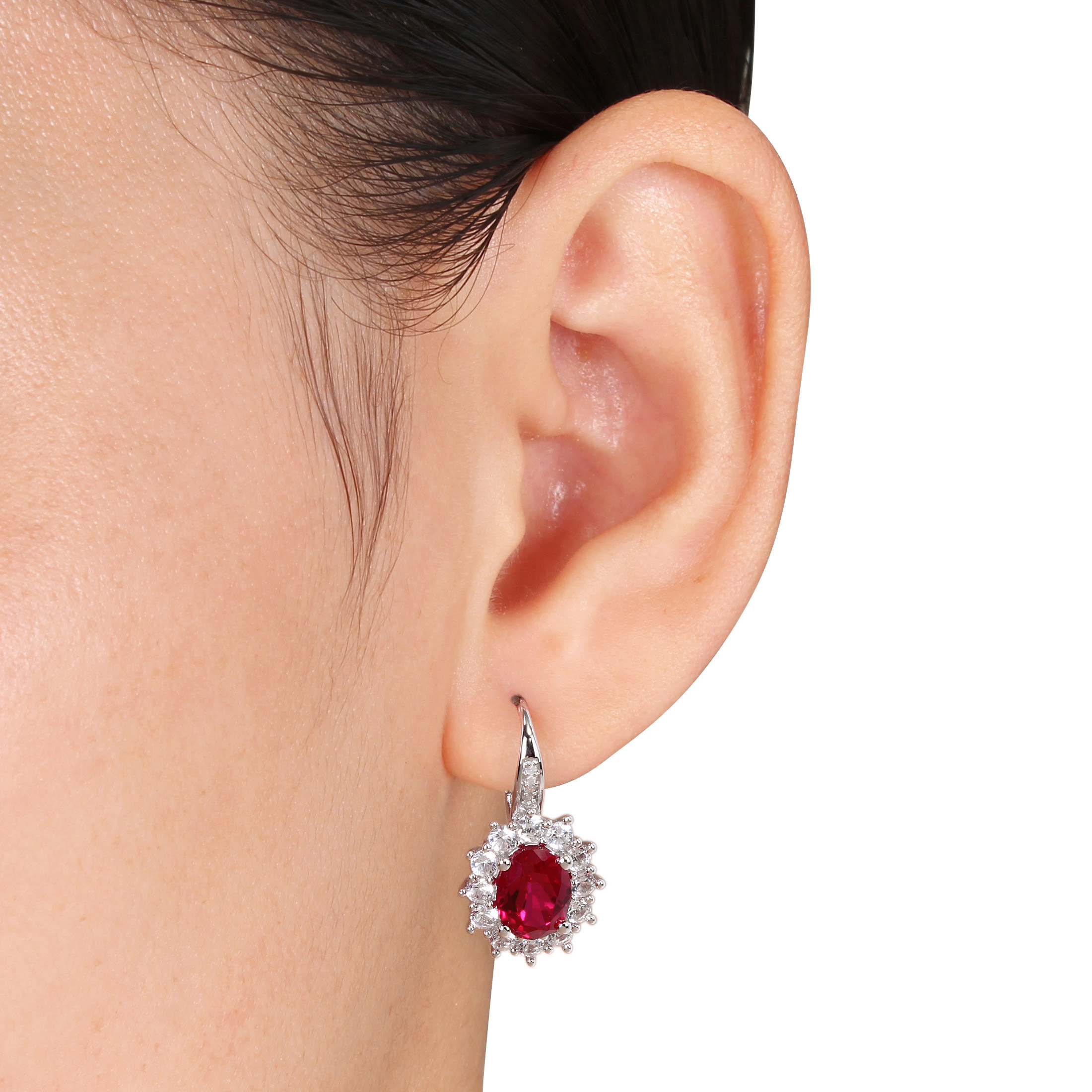 8 CT TGW Created Ruby and White Sapphire Leverback Earrings in Sterling Silver