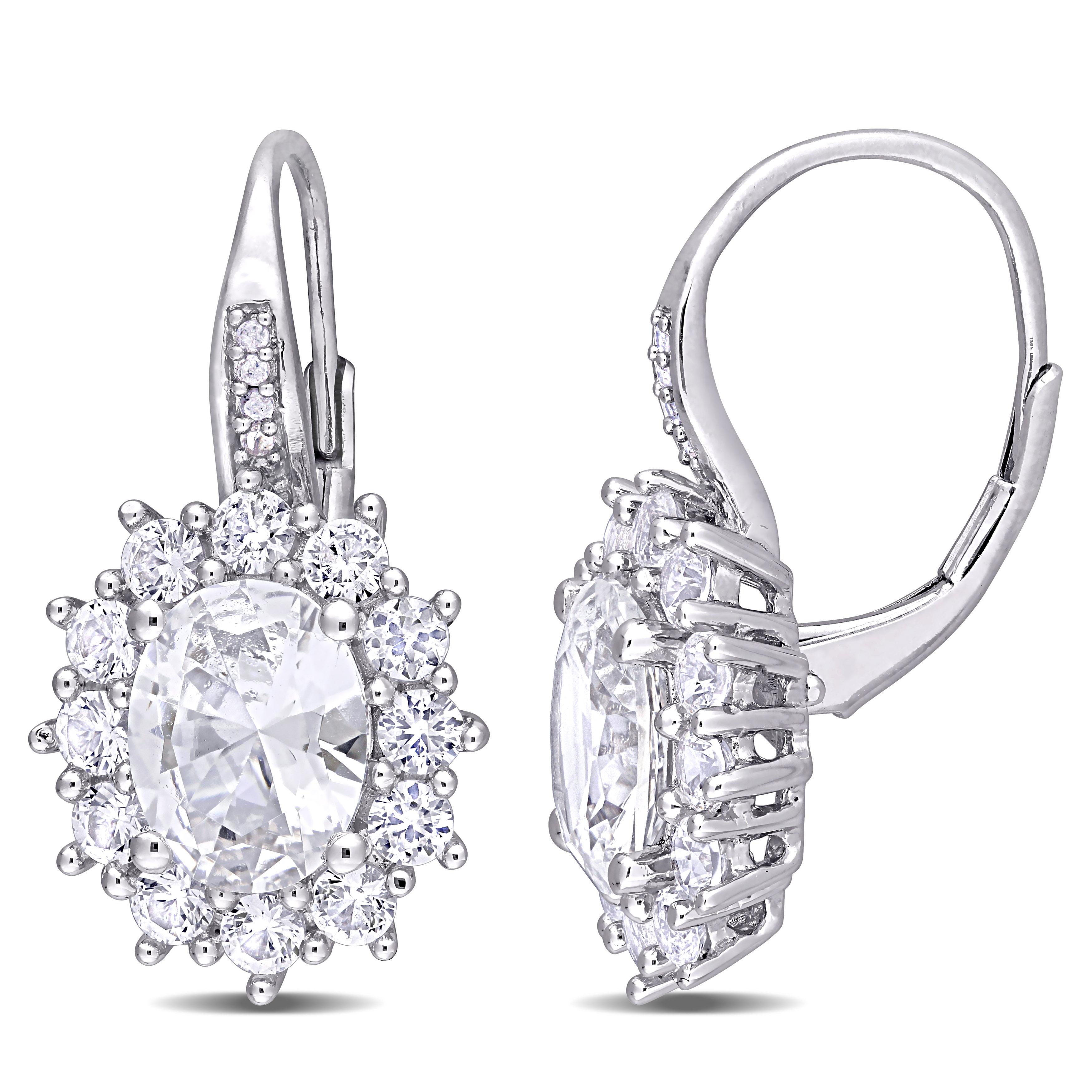 8 CT TGW Created White Sapphire and Diamond Accent Floral Halo Leverback Earrings in Sterling Silver