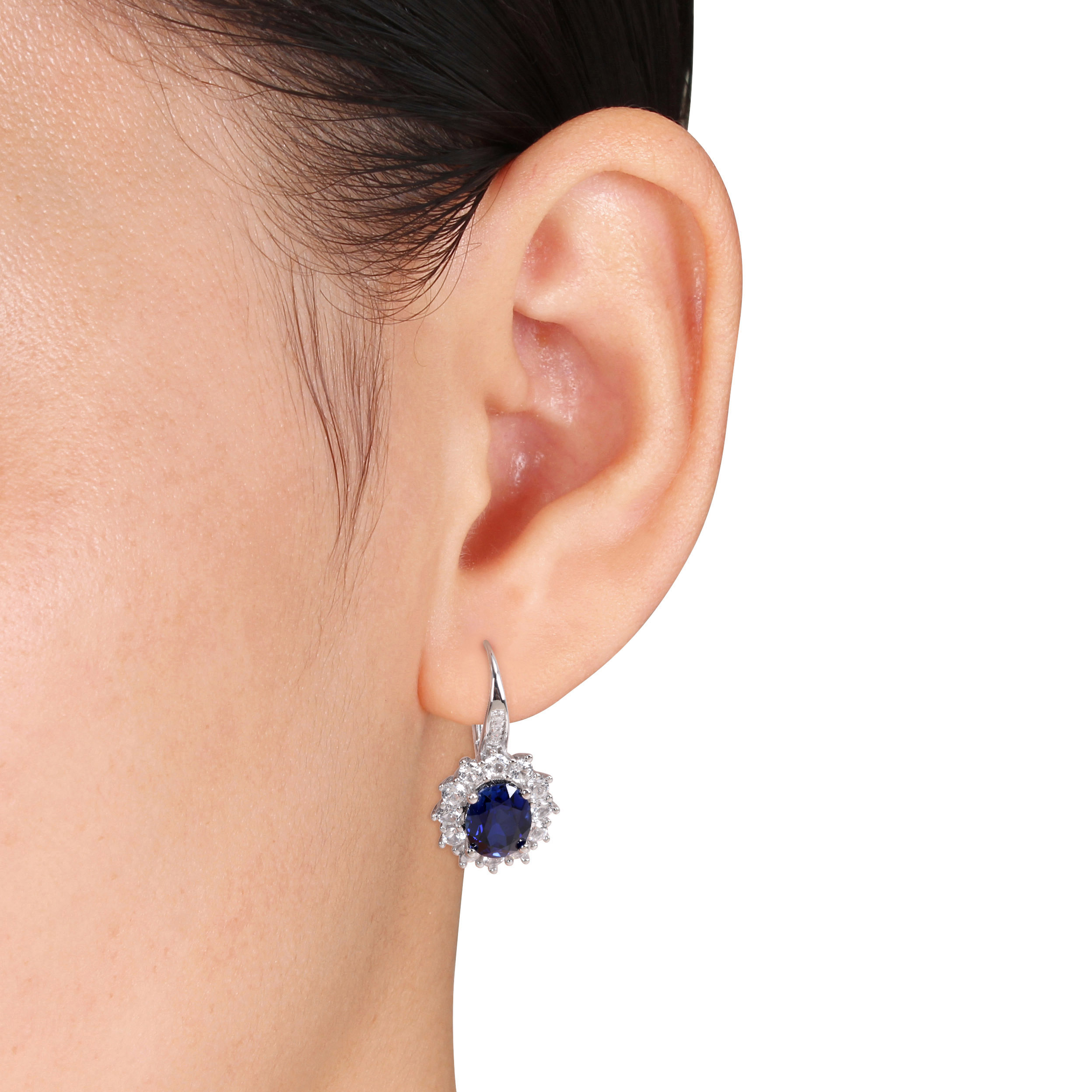 8.06 CT TGW Created Blue and White Sapphire and Diamond Halo Leverback Earrings in Sterling Silver