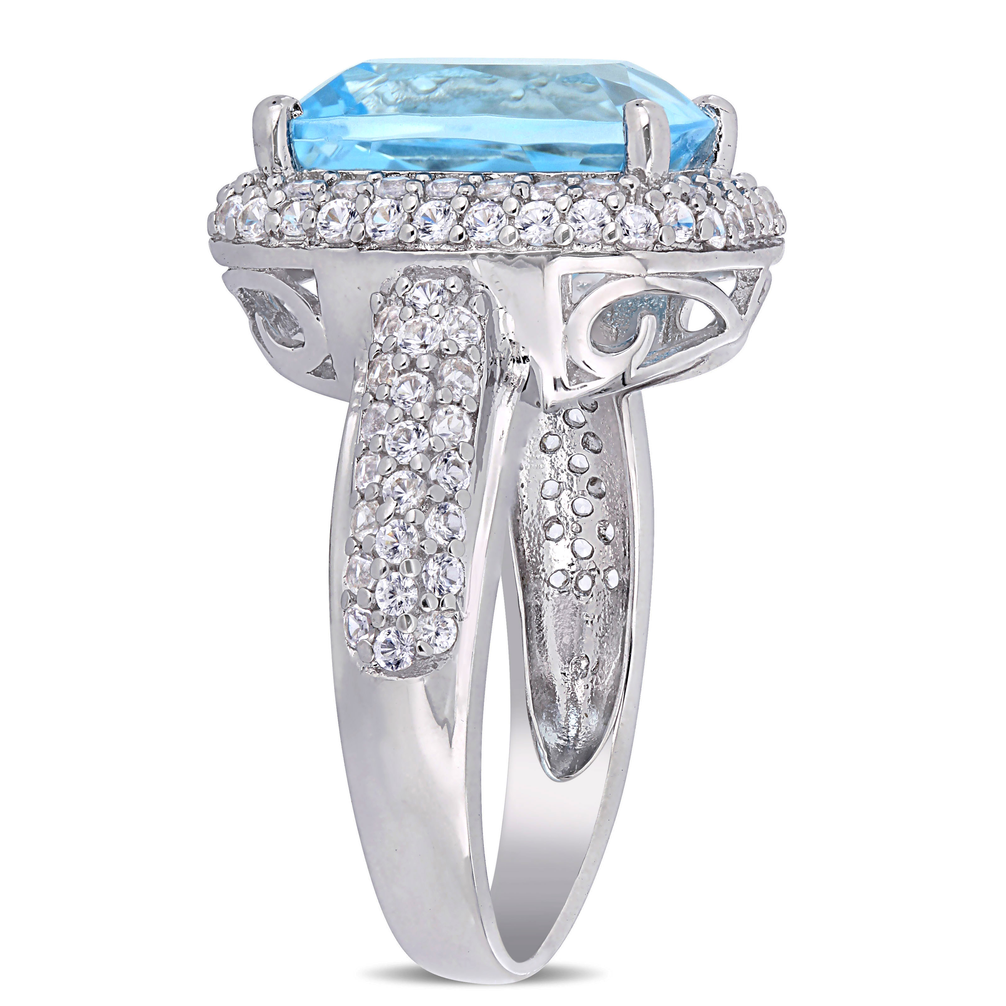 7 1/4 CT TGW Cushion Cut Blue Topaz and Created White Sapphire Double Halo Ring in Sterling Silver