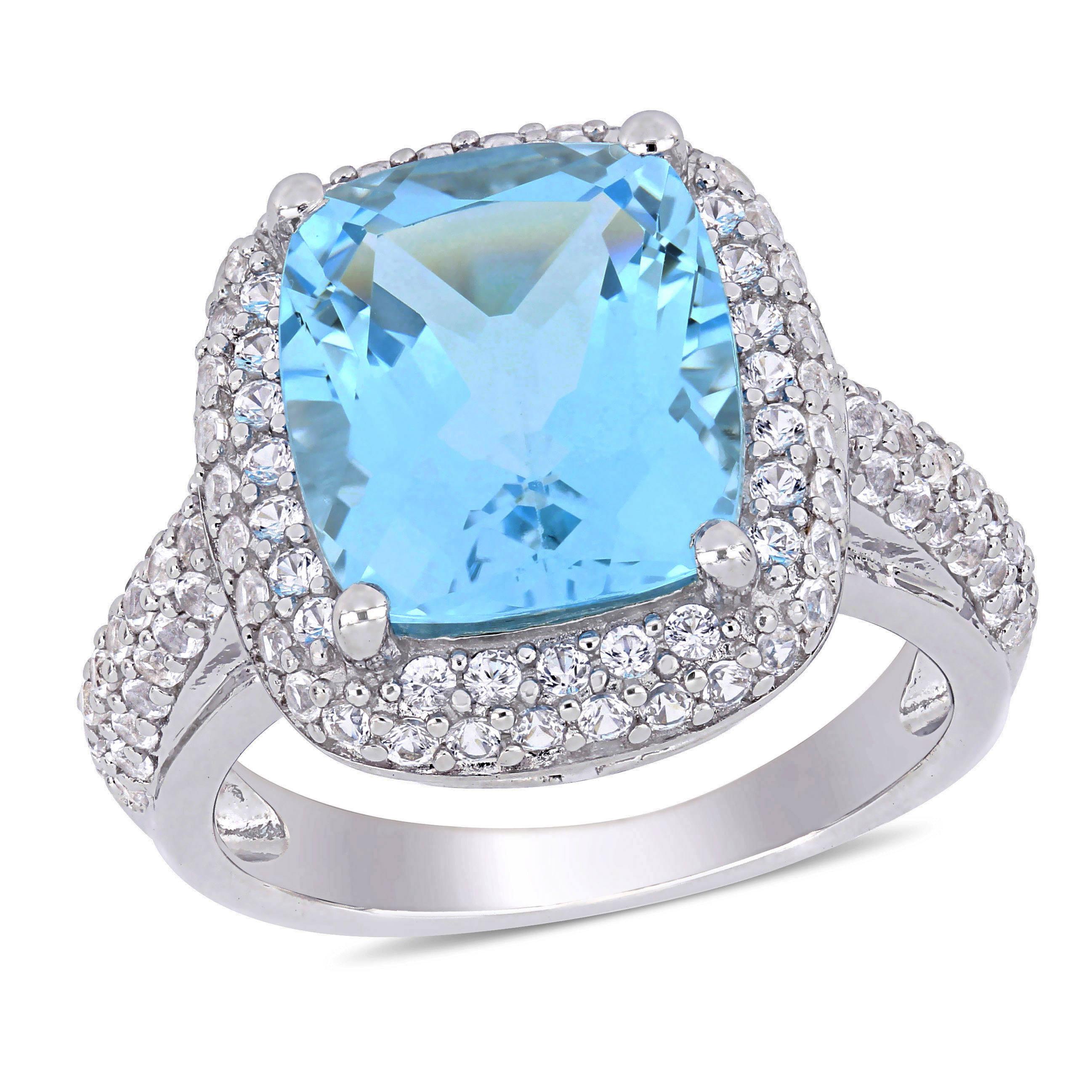 7 1/4 CT TGW Cushion Cut Blue Topaz and Created White Sapphire Double Halo Ring in Sterling Silver