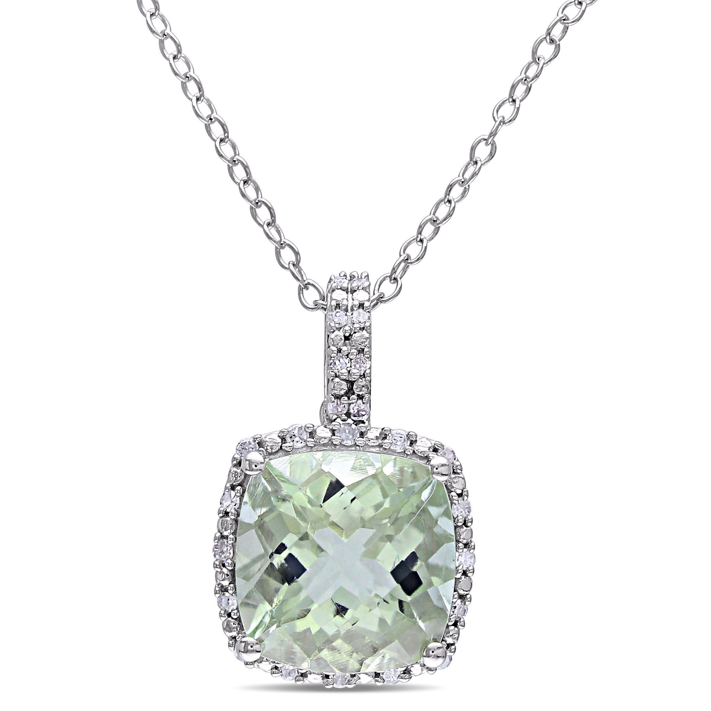 4 CT TGW Green Quartz Cushion Cut and 1/10ct TDW Diamond Halo Pendant with Chain in Sterling Silver