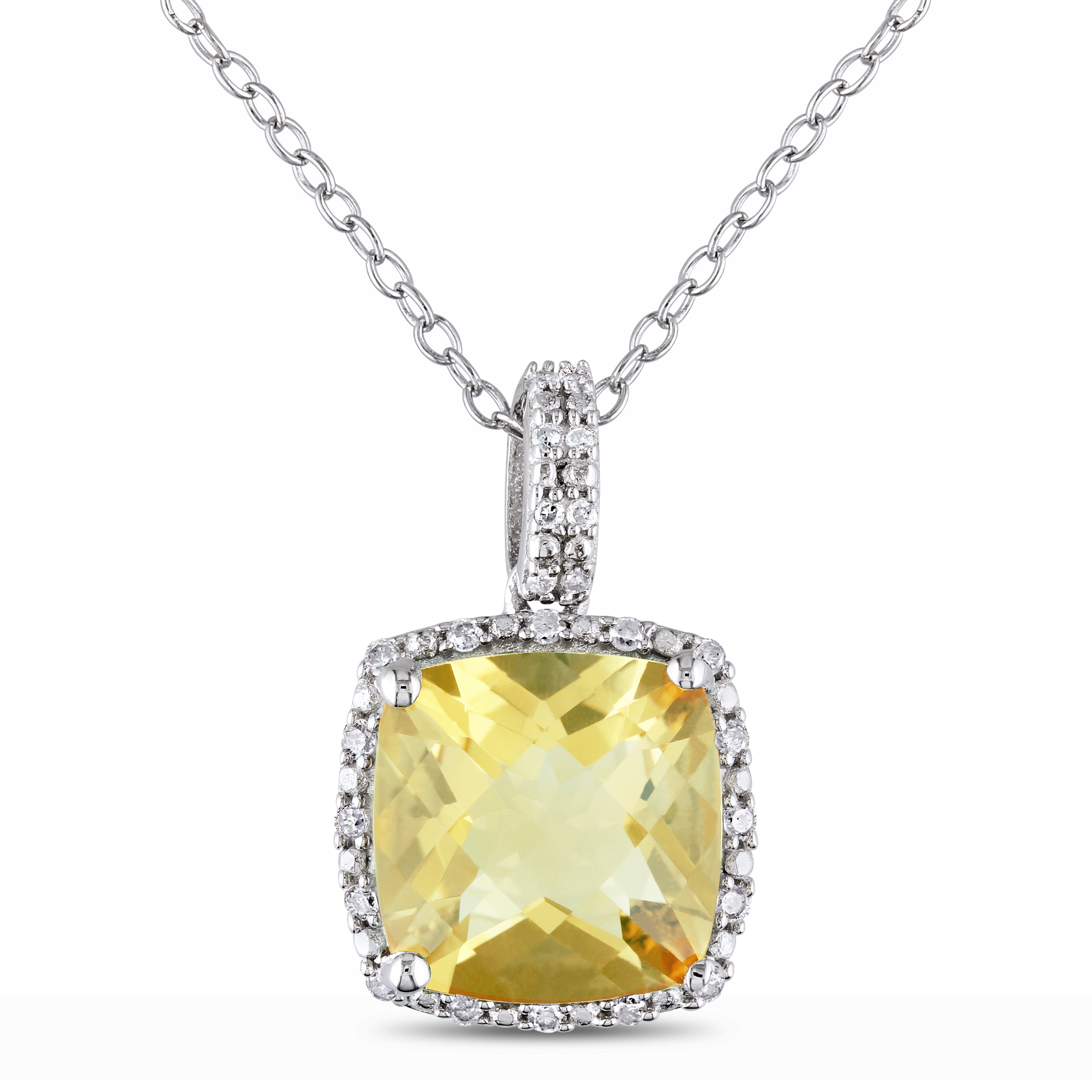 1/10 CT TW Diamond and 4 CT TGW Citrine Cushion Cut Halo Pendant with Chain in Sterling Silver
