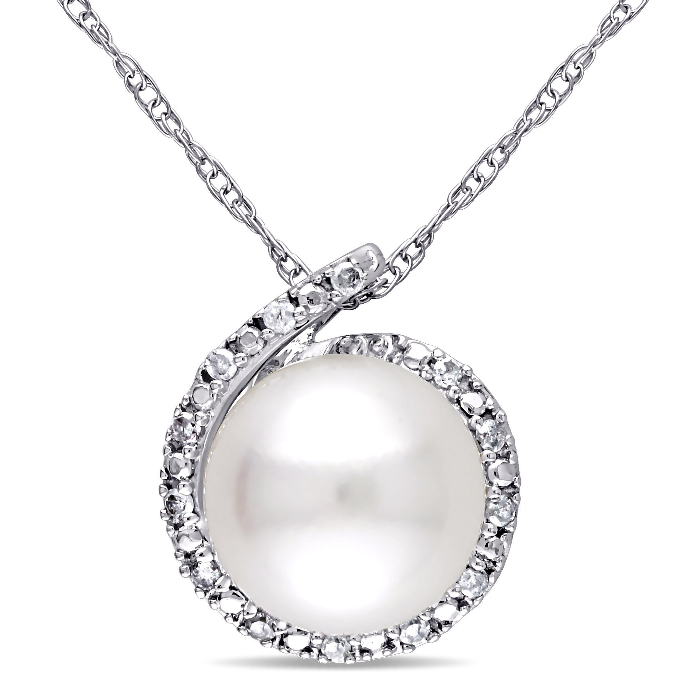 8 - 8.5 MM  White Cultured Freshwater Pearl and Diamond Halo Pendant with Chain in 10k White Gold