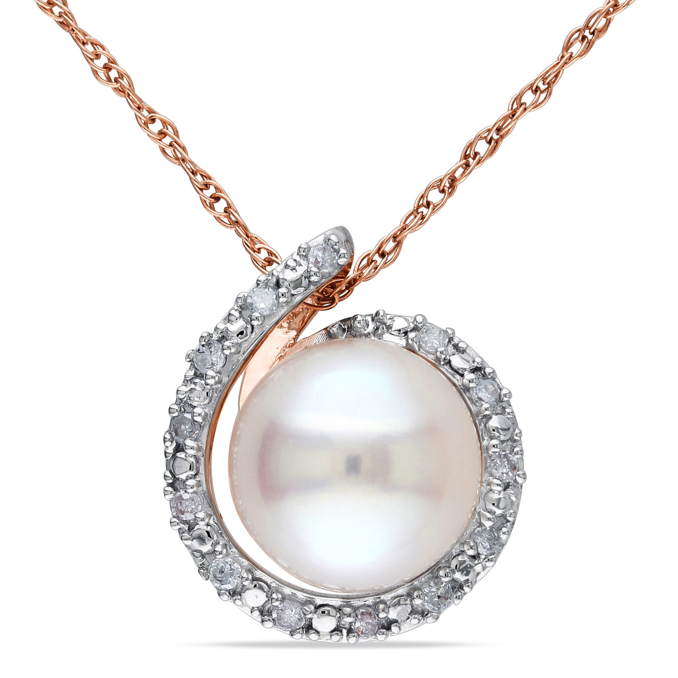 8 - 8.5 MM Cultured Freshwater Pearl and Diamond Swirl Halo Necklace in 10k Rose Gold