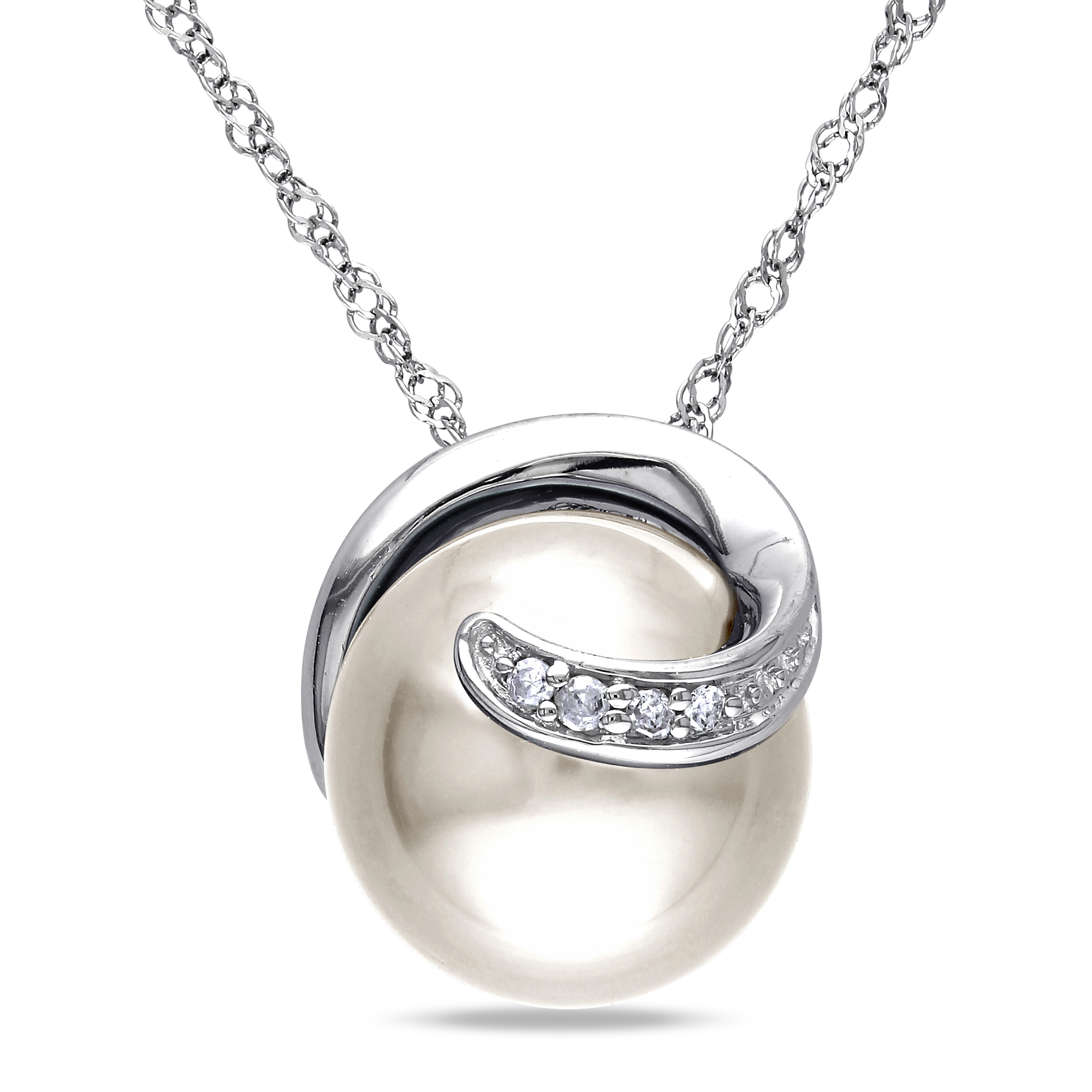 9 - 9.5 MM Cultured Freshwater Pearl and Diamond Swirl Pendant with Singapore Chain in 10k White Gold