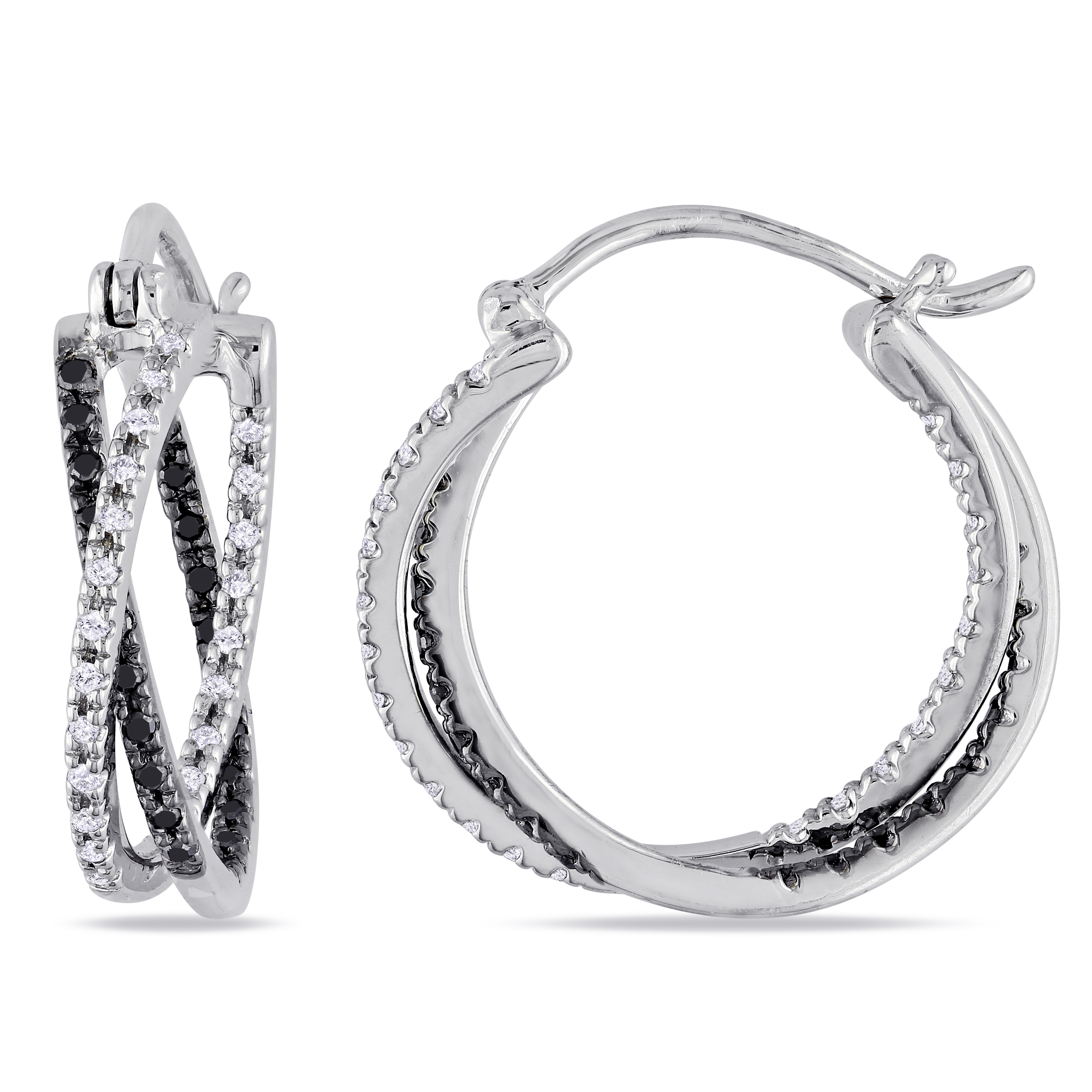 1/4ct TW Black and White Diamond Double Crossover Hoop Earrings in Sterling Silver with Black Rhodium