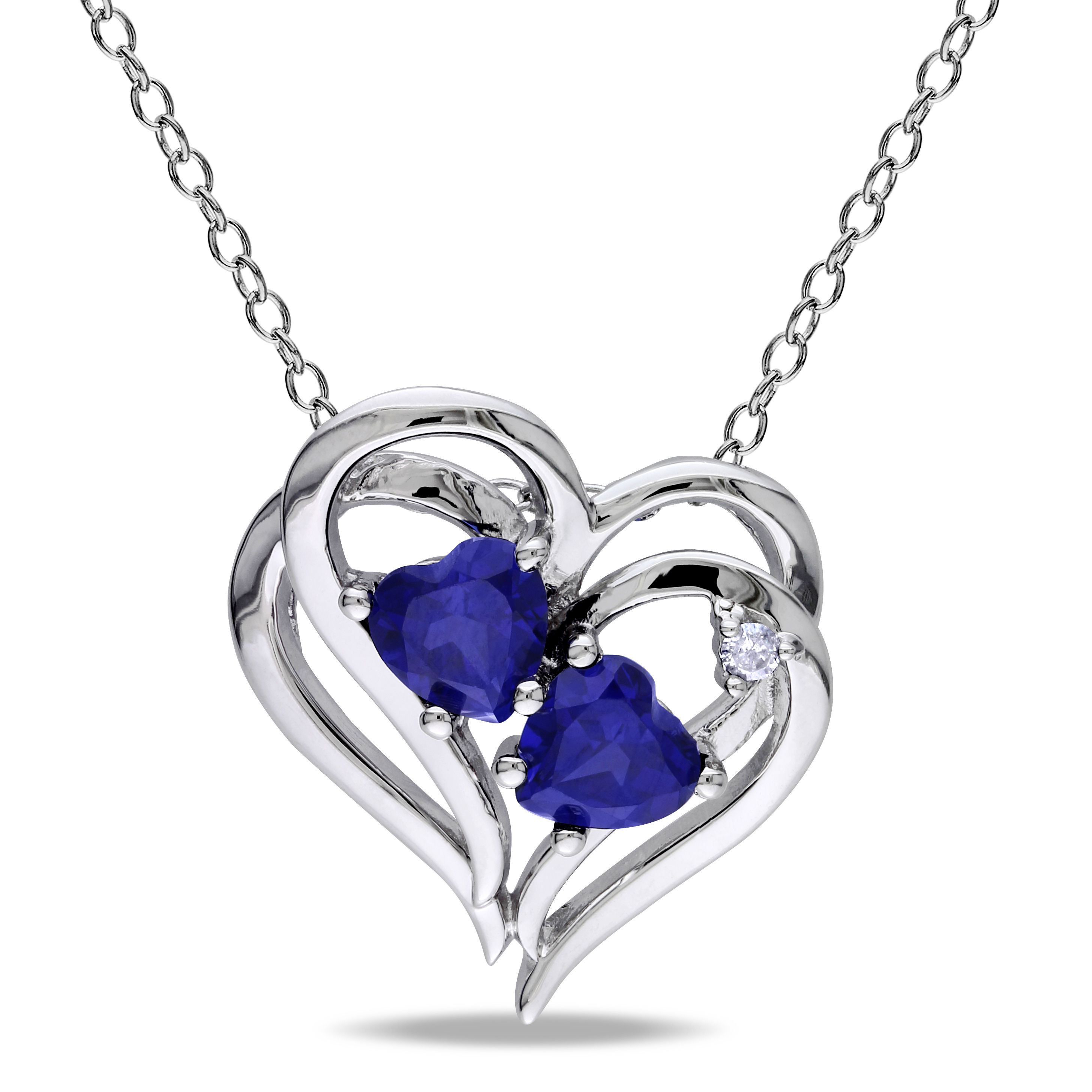 Diamond and Created Blue Sapphire Heart Pendant with Chain in Sterling Silver