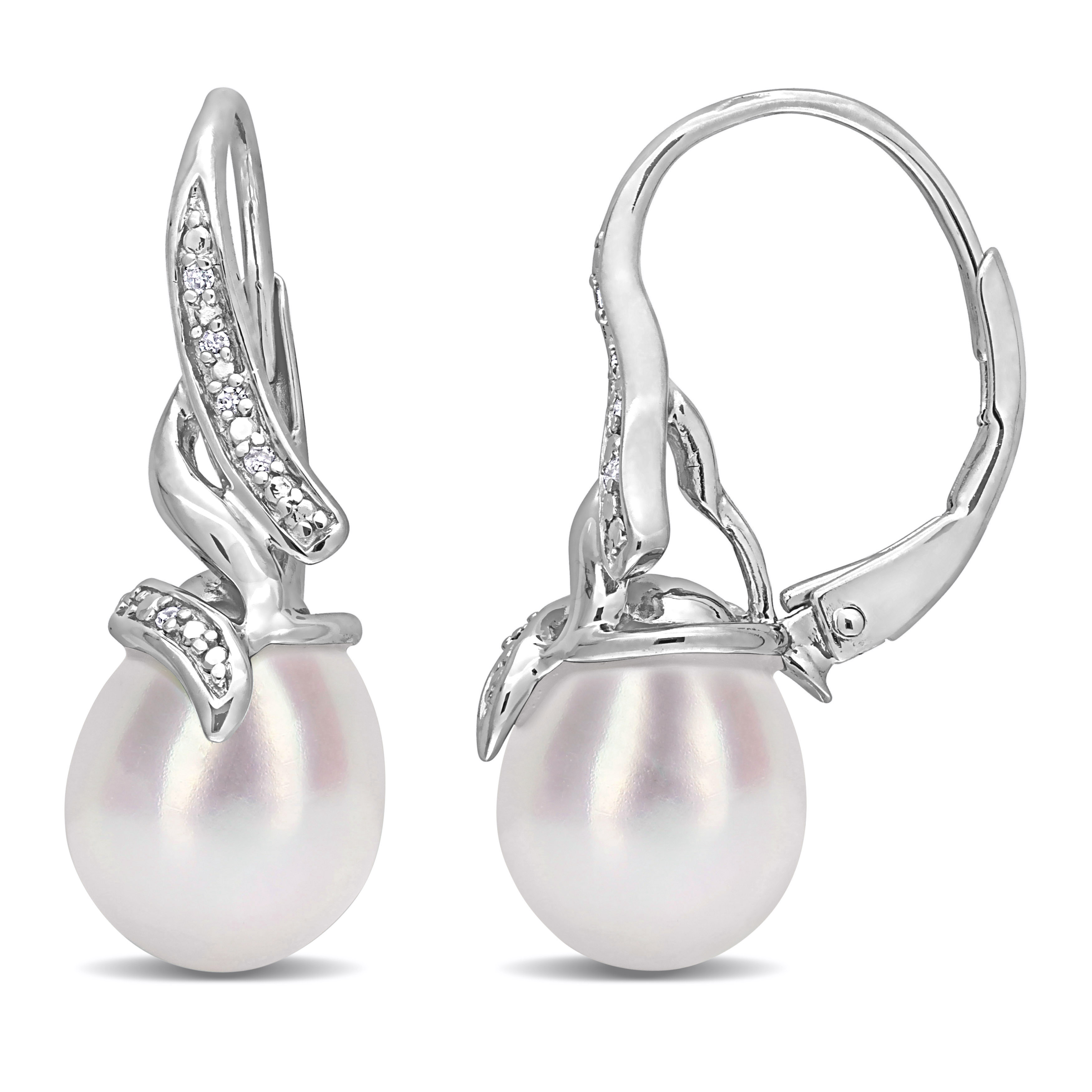 9 - 9.5 MM White Cultured Freshwater Pearl and Diamond Twist Leverback Drop Earrings in Sterling Silver