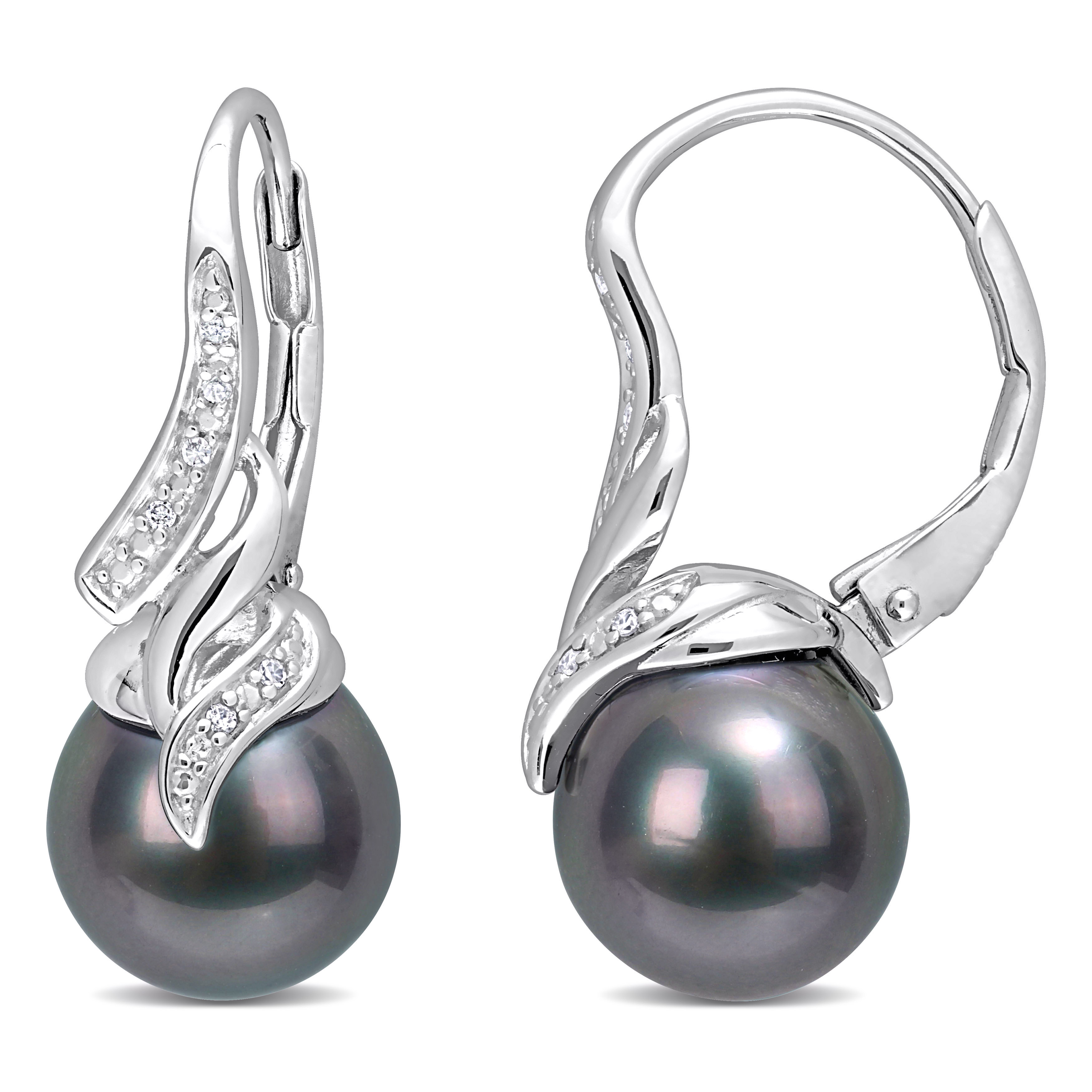 9 - 9.5 MM Black Tahitian Pearl and Diamond Twist Leverback Drop Earrings in Sterling Silver