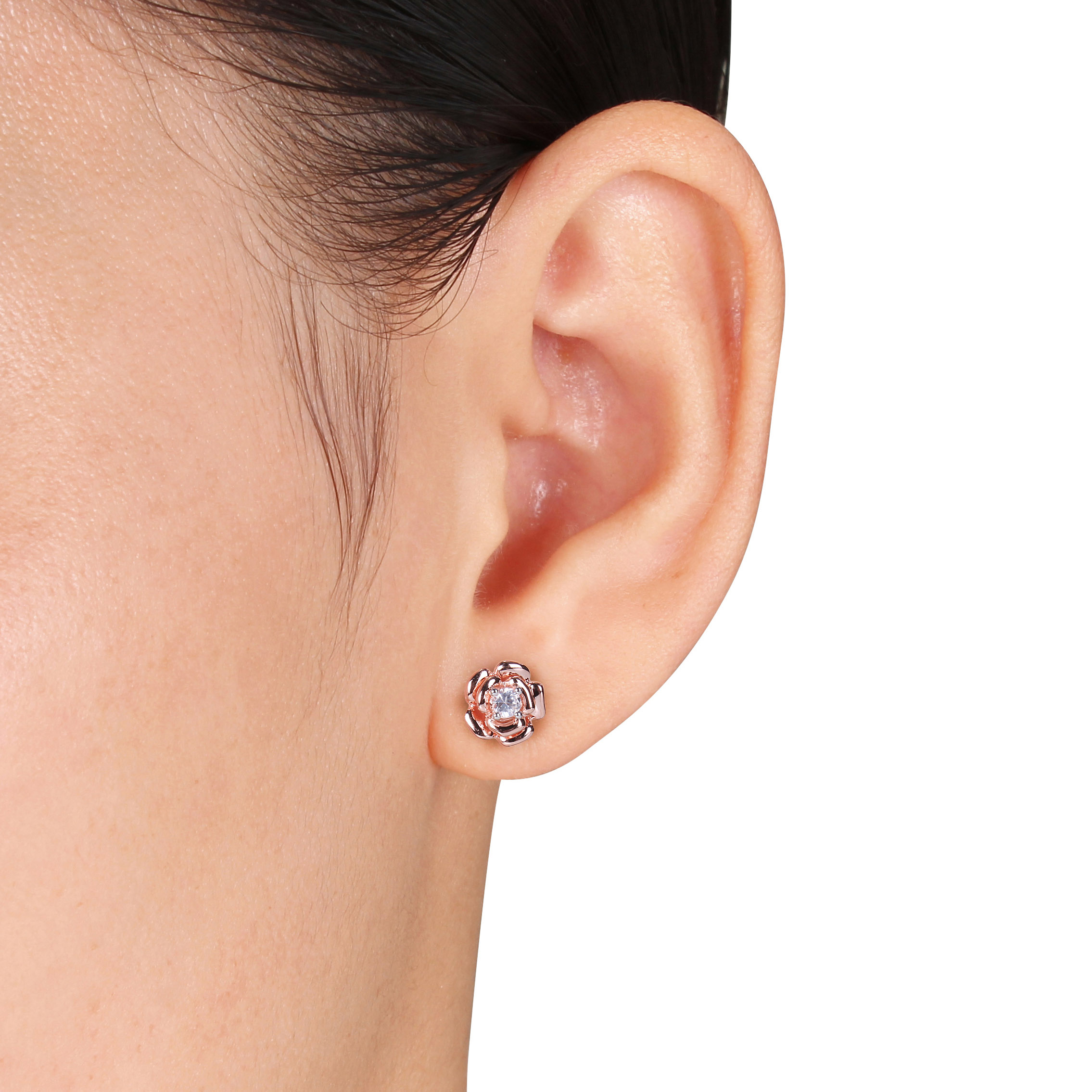 1/3 CT TGW Created White Sapphire Flower Stud Earrings in Rose Plated Sterling Silver