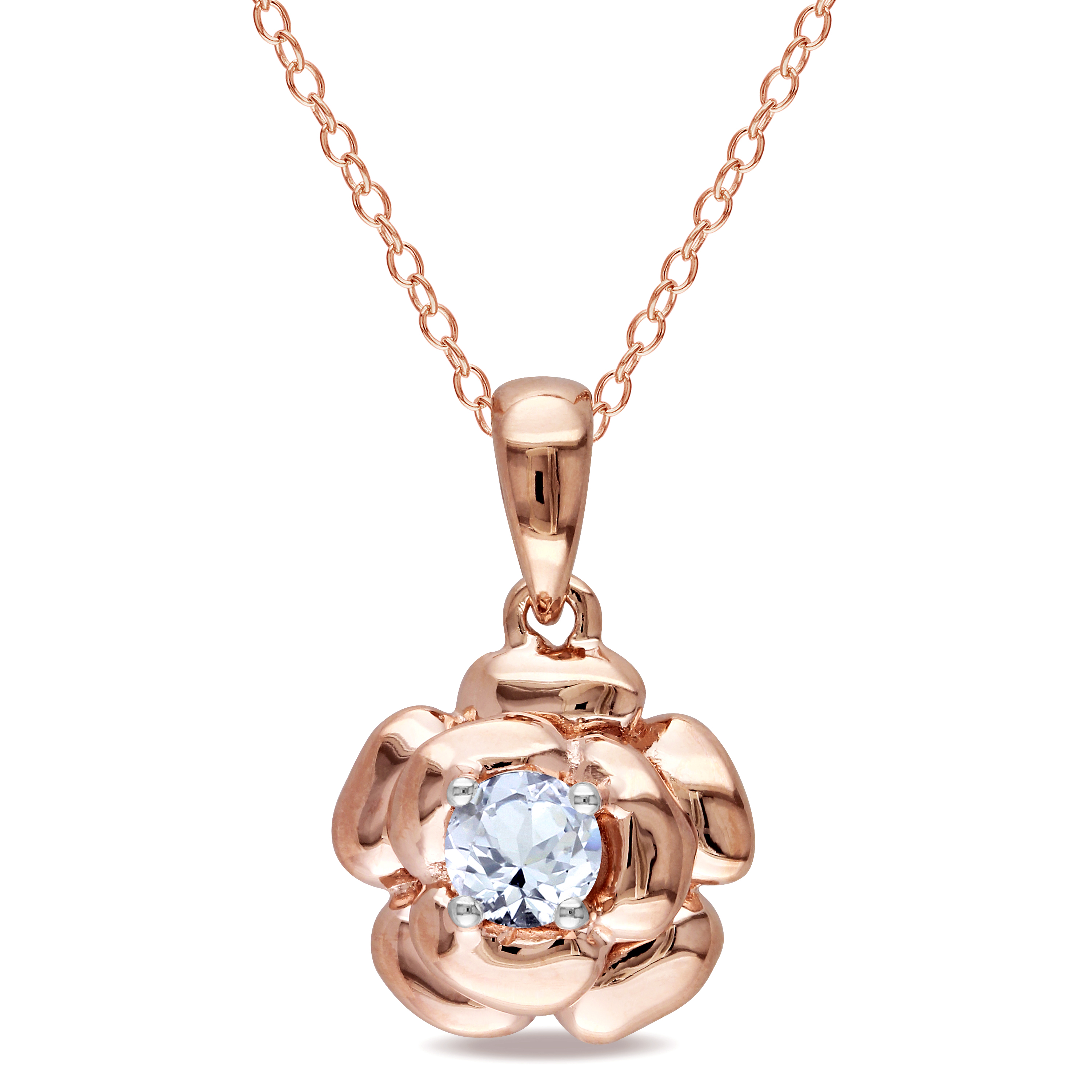 Created White Sapphire Floral Solitaire Pendant with Chain in Rose Plated Sterling Silver