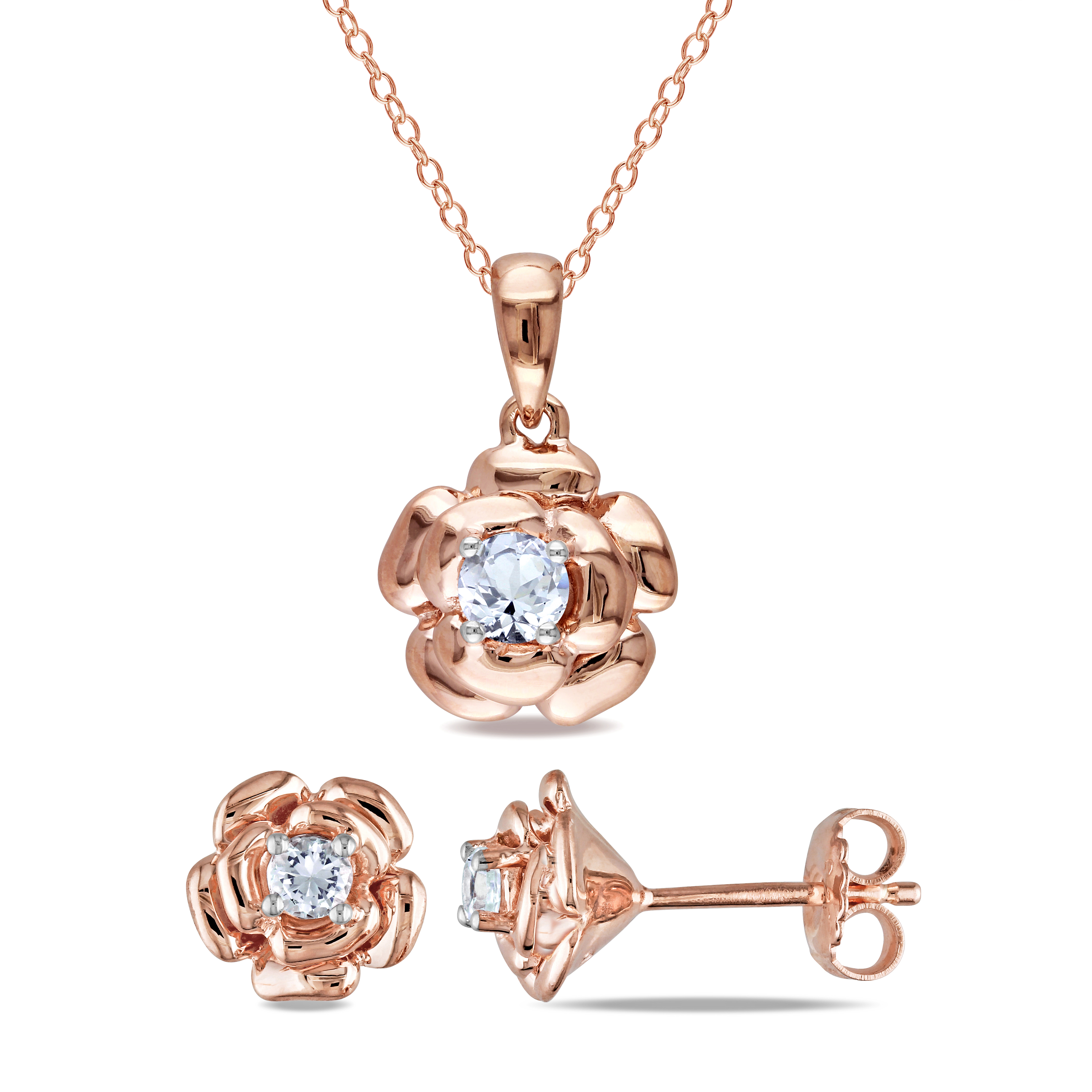 5/8 CT TGW Created White Sapphire Floral Earrings & Pendant with Chain 2-Piece Set in Rose Plated Sterling Silver