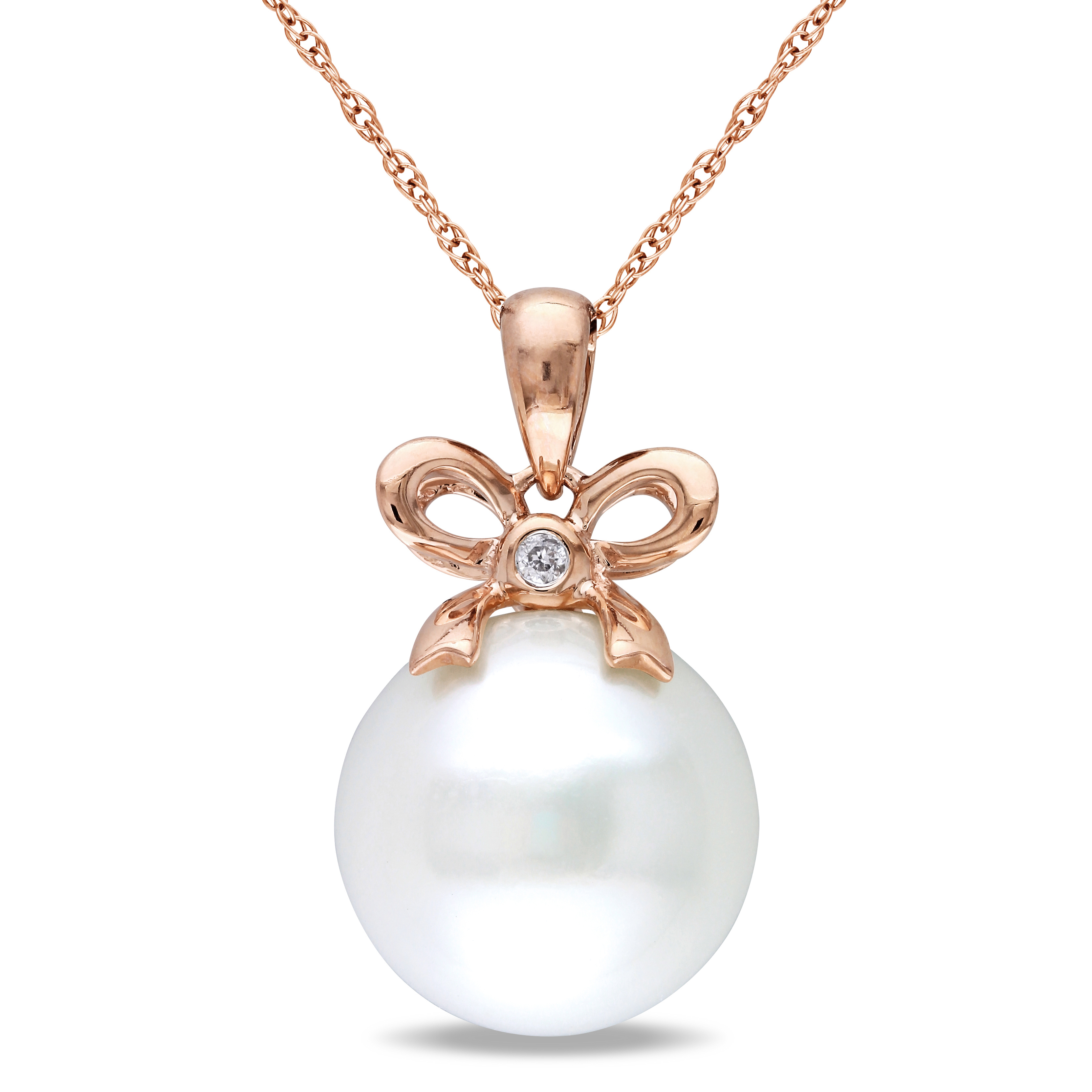 12 - 12.5 MM Cultured Freshwater Pearl and Diamond Bow Drop Necklace in 10k Rose Gold