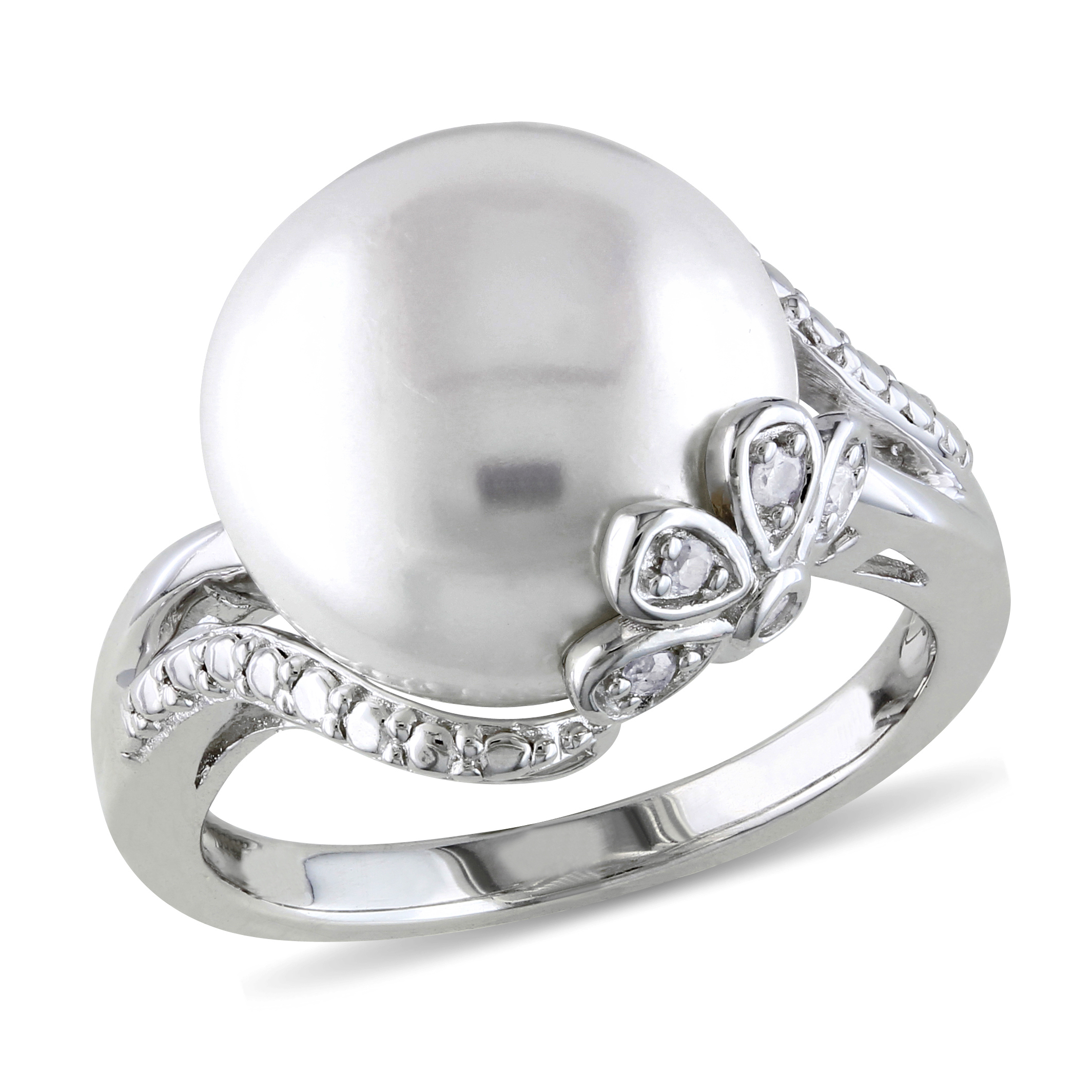 12 - 12.5 MM White Cultured Freshwater Pearl Ring with Diamonds in Sterling Silver