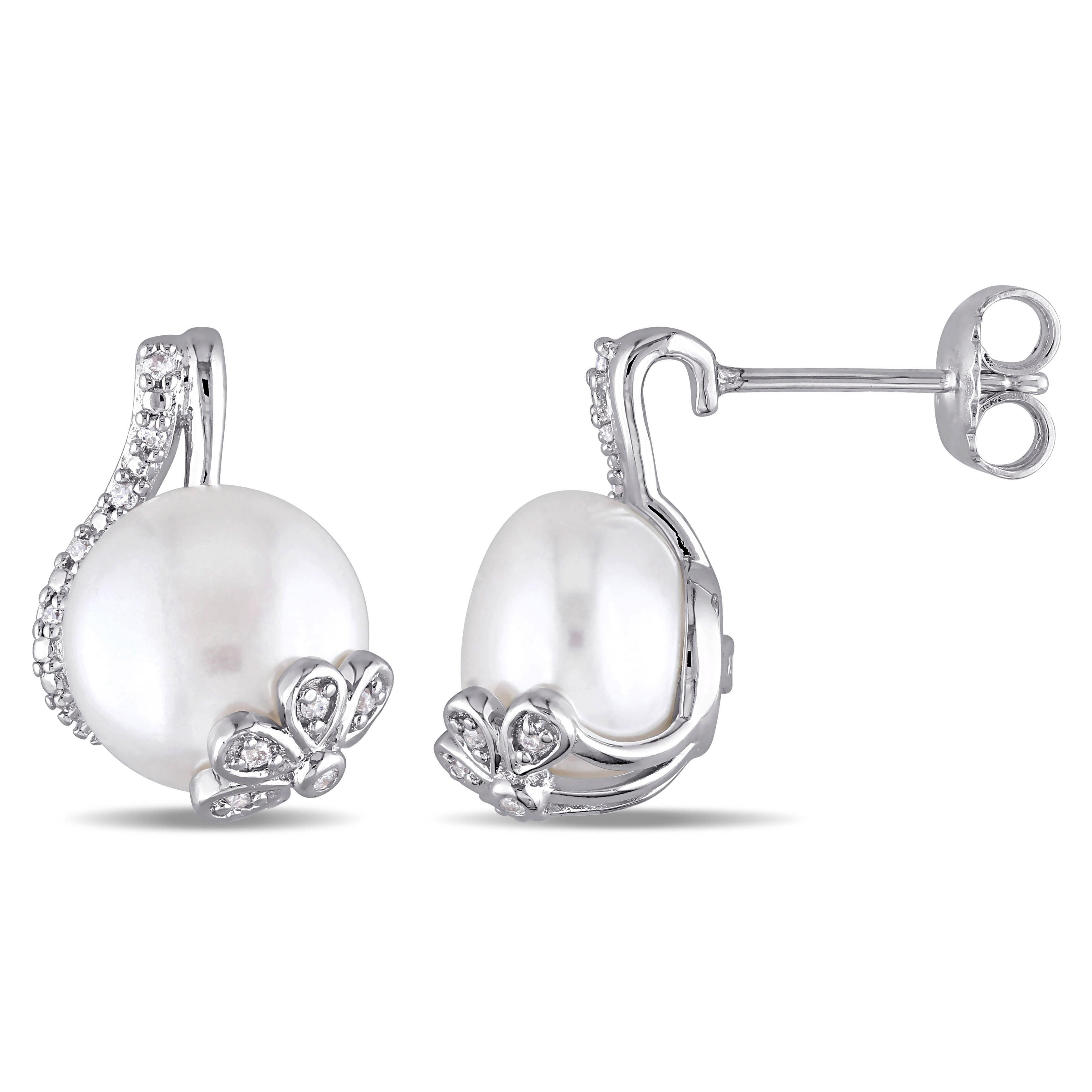 10 - 10.5 MM White Cultured Freshwater Pearl and 1/10 CT TW Diamond Swirl Earrings in Sterling Silver