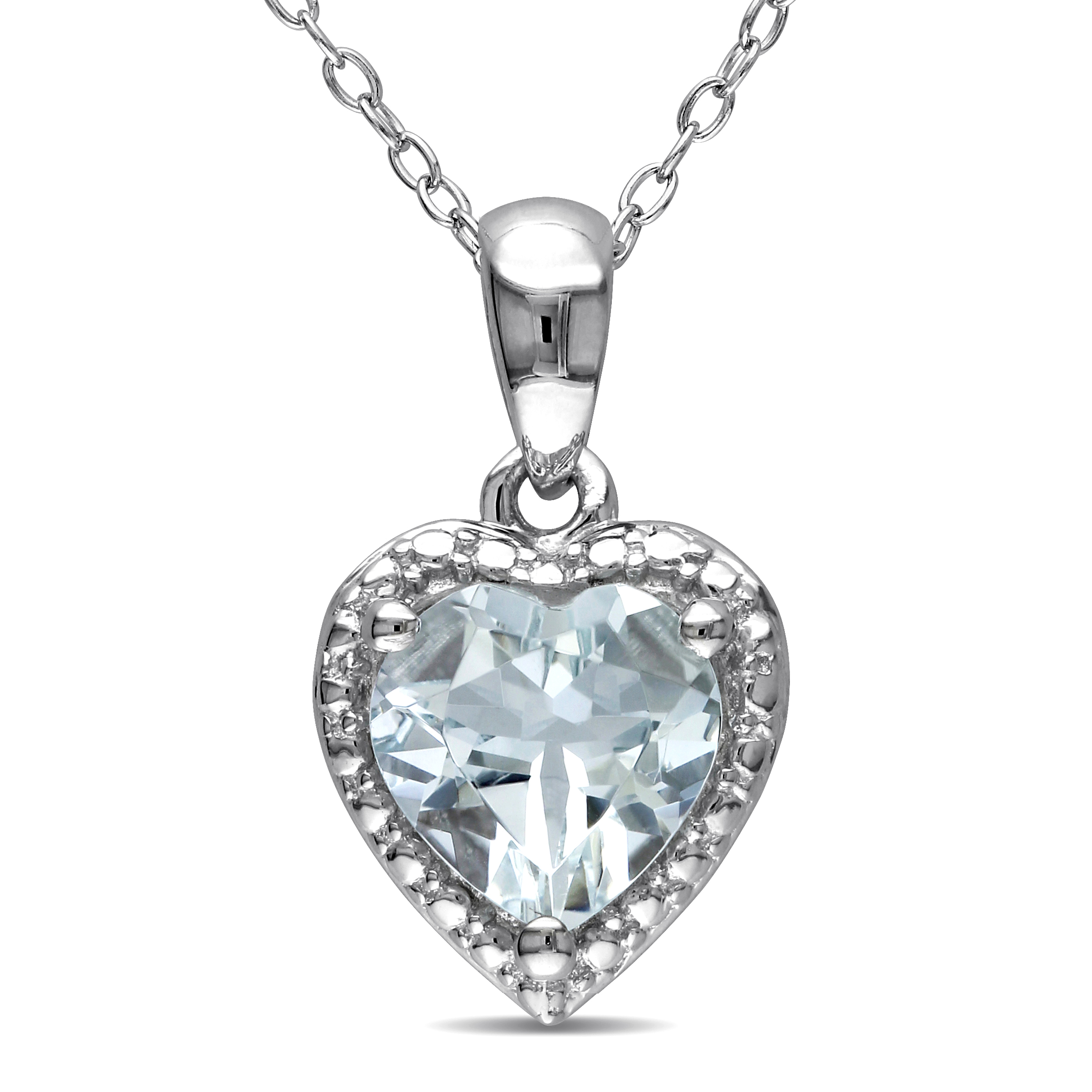 Aquamarine Heart Halo Pendant with Chain in Sterling Silver