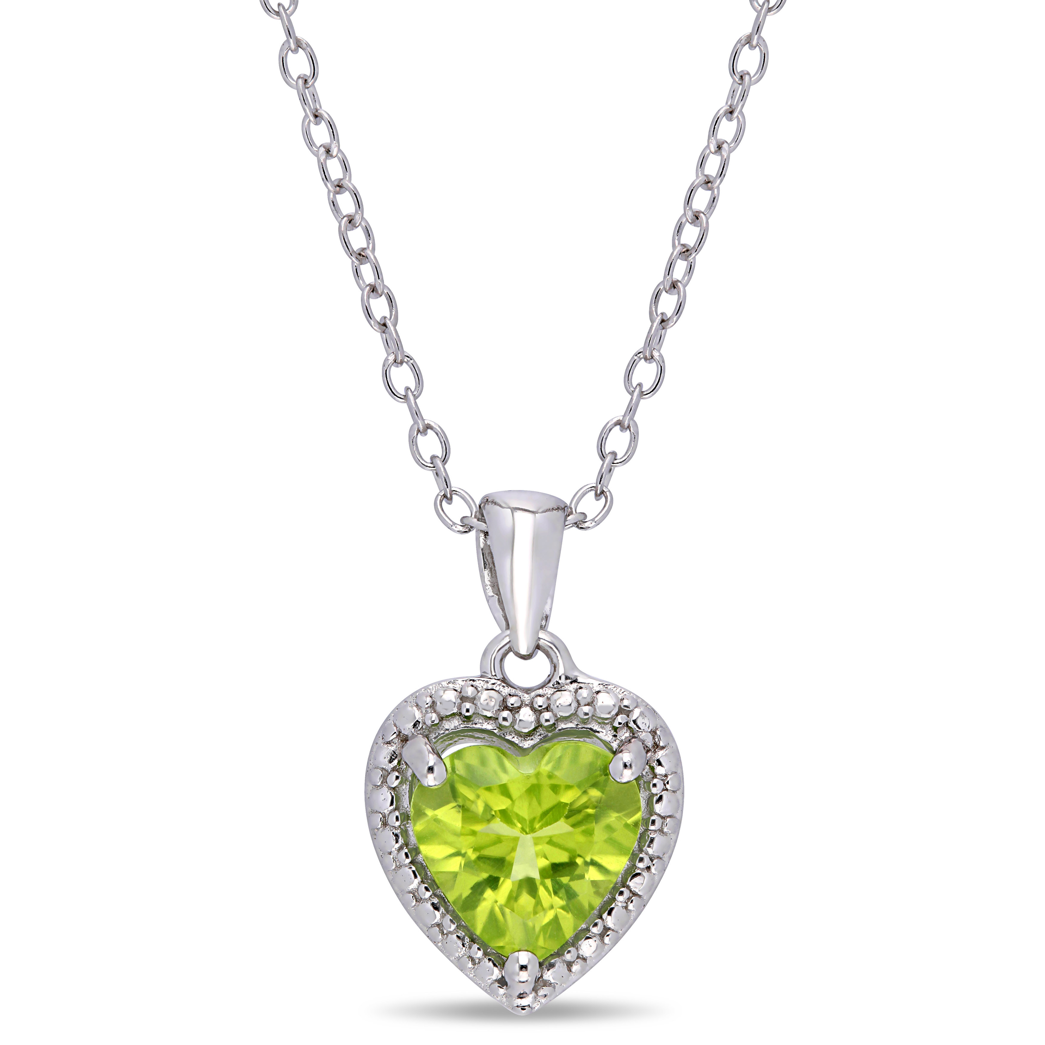 Peridot Heart Halo Pendant with Chain in Sterling Silver