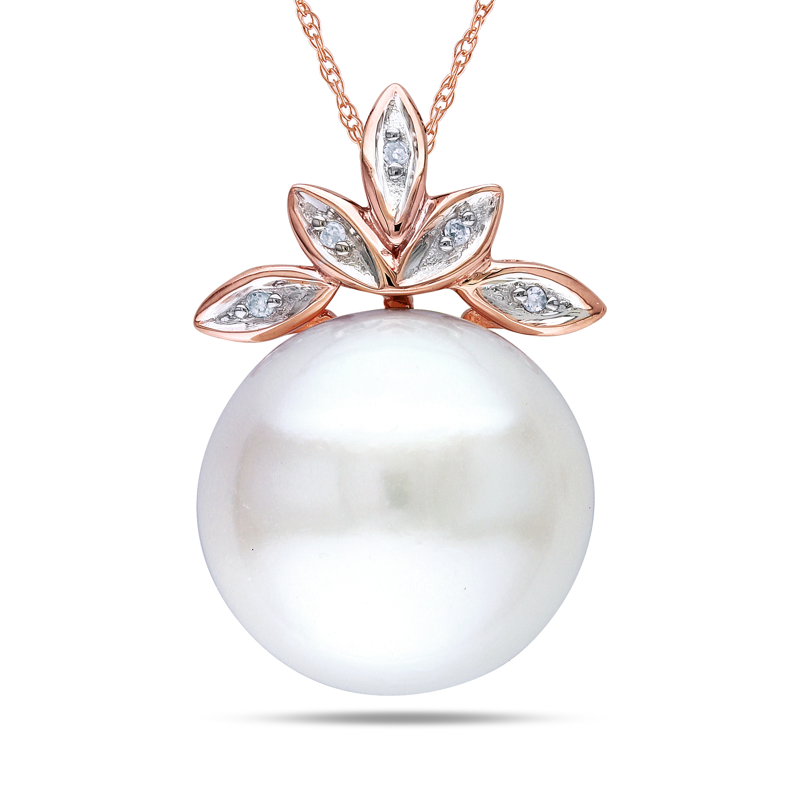 11.5 - 12 MM Cultured Freshwater Pearl and Diamond Leaf Pendant with Singapore Chain in 10k Rose Gold