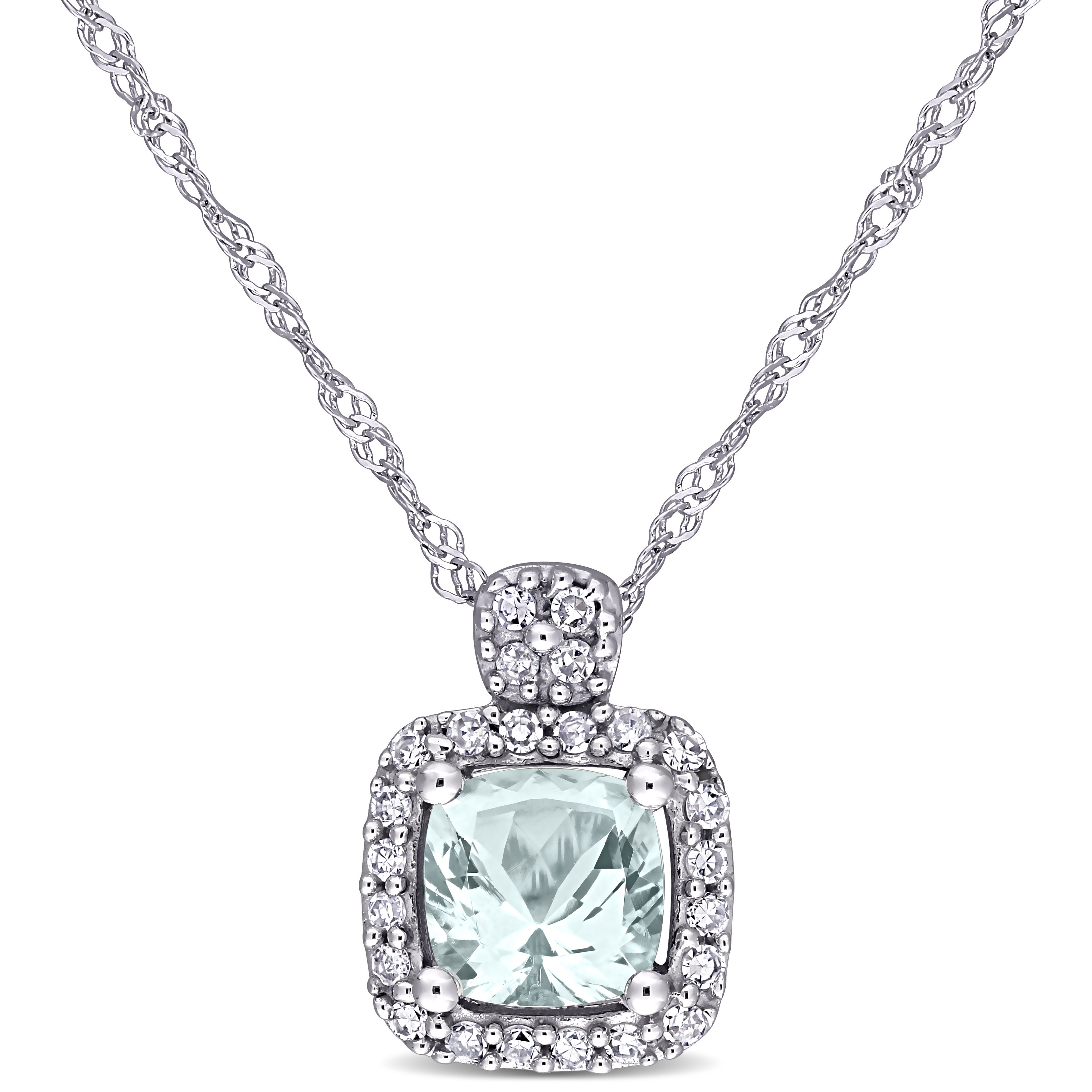 Cushion Cut Aquamarine and 1/10 CT TW Diamond Pendant with Chain in 10k White Gold - 17 in.